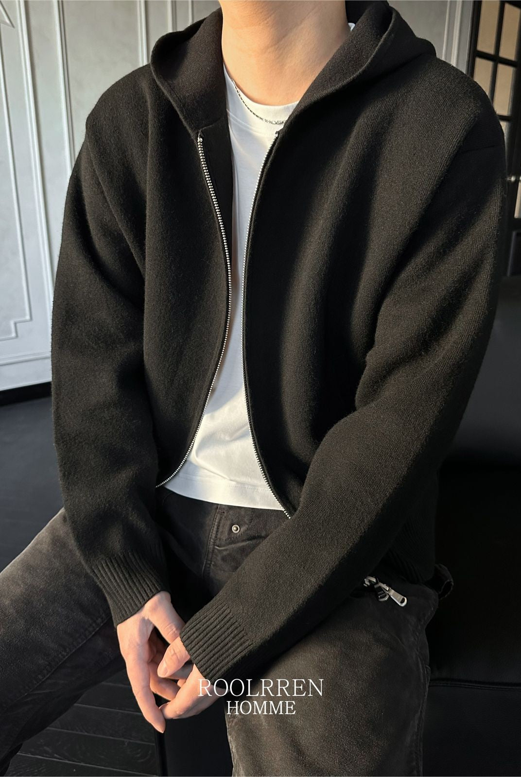 Roolrren Homme Wool Cashmere Zip Up Hoodie in Black - On Model