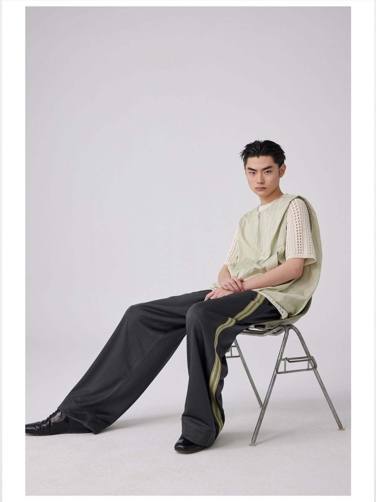 Simple Project Wide Leg Webbing Track Pants in Gray - On Model