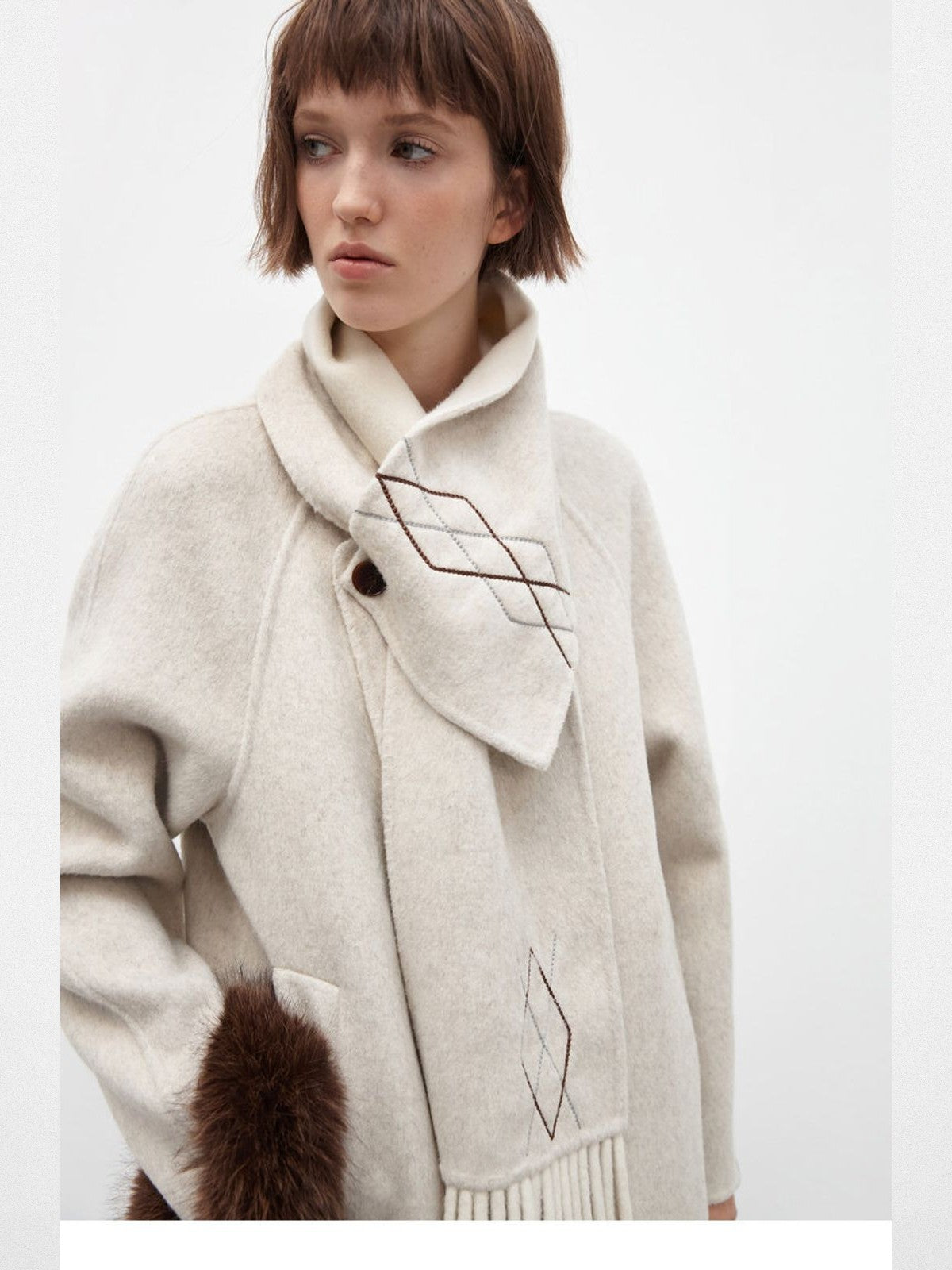 PUKI Diamond Fringe Scarf Wool Coat in Light Gray - On Model