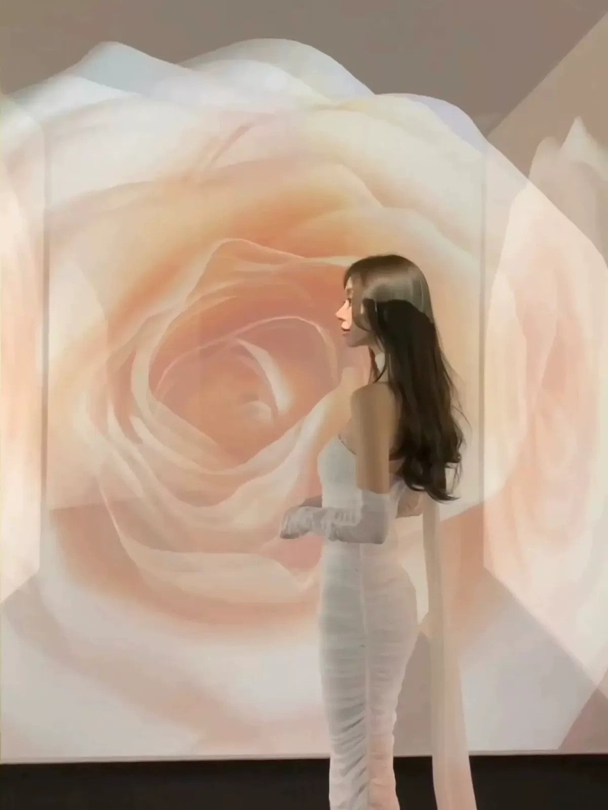 1S STUDIO Ruched Mesh Strapless Dress Set in White - On Model