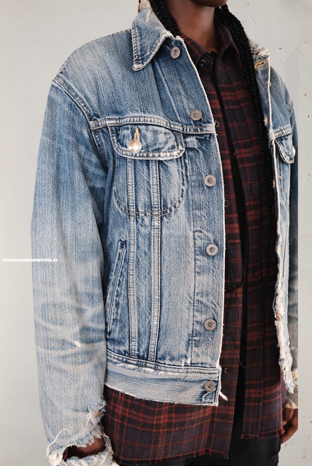 UNKNOWNWORLD Heavy Distressed Denim Jacket in Blue - On Model