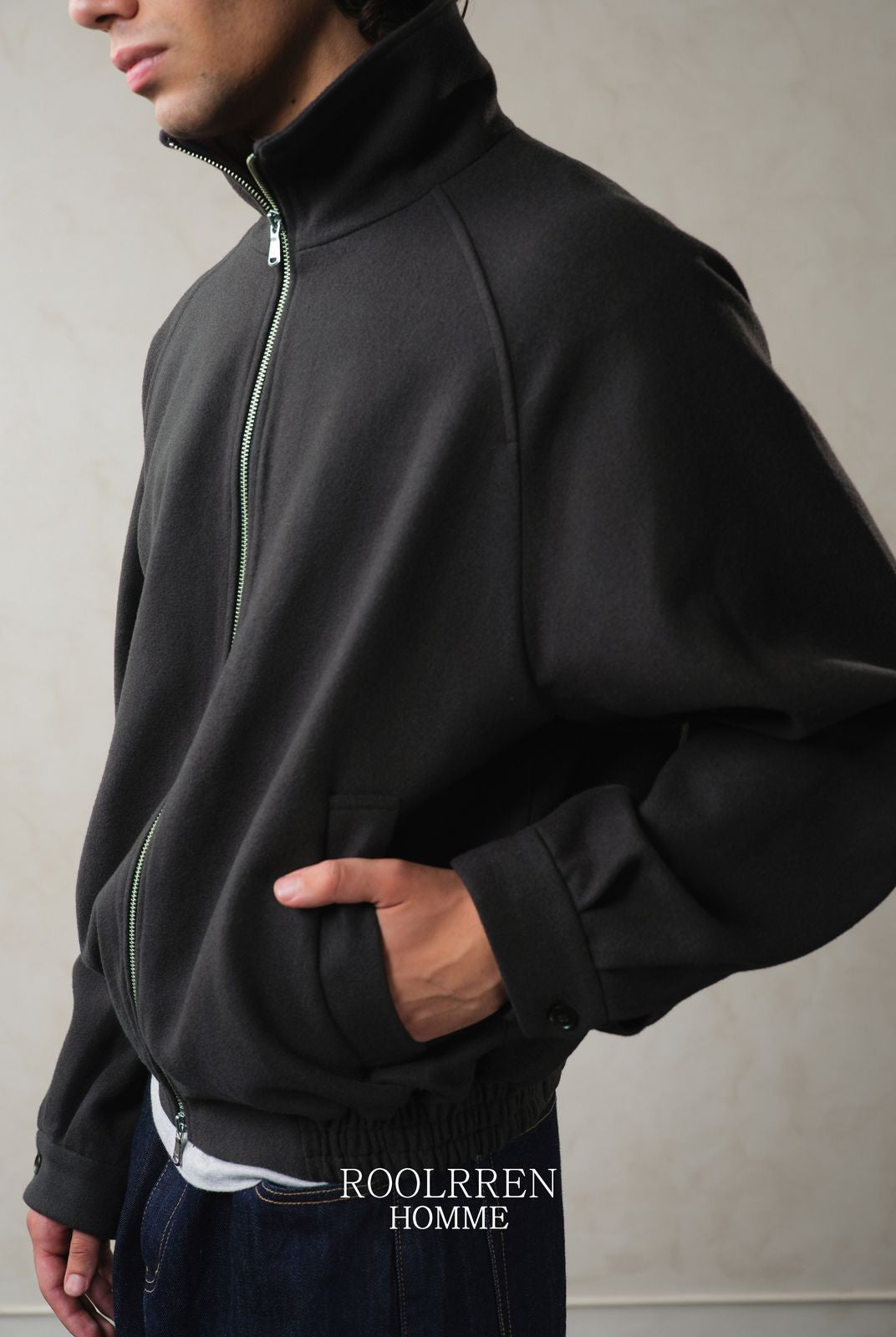 Roolrren Homme Melton Wool Blend Zip Blouson in Black - On Model