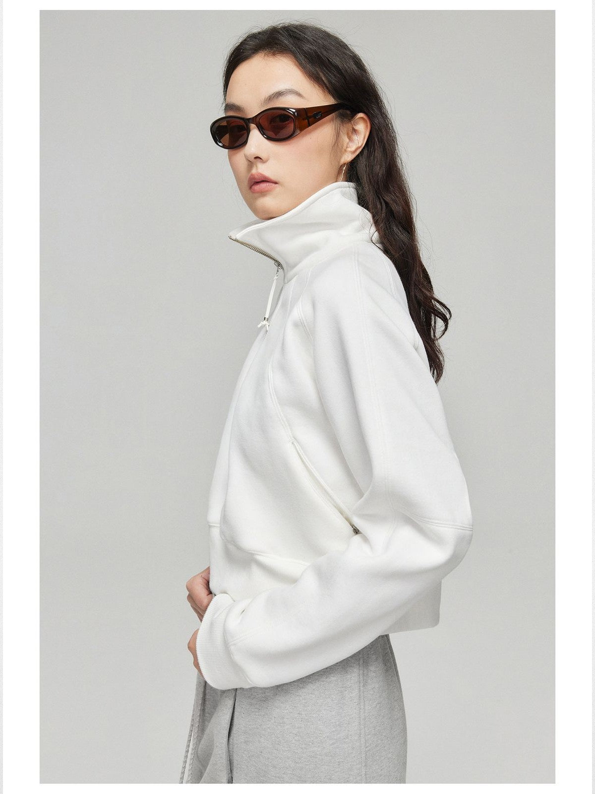 Simple Project Mock Neck Half Zip Sweatshirt in White - On Model