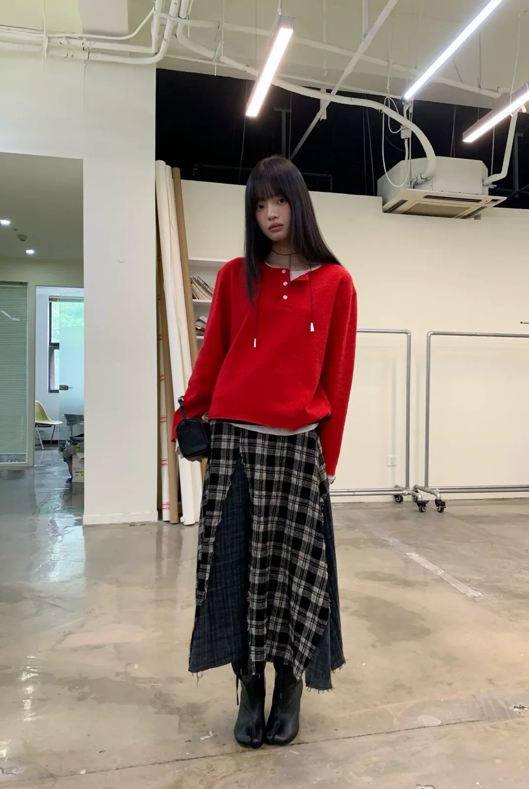 NeverSeez Spliced Plaid Linen Maxi Skirt in Black - On Model