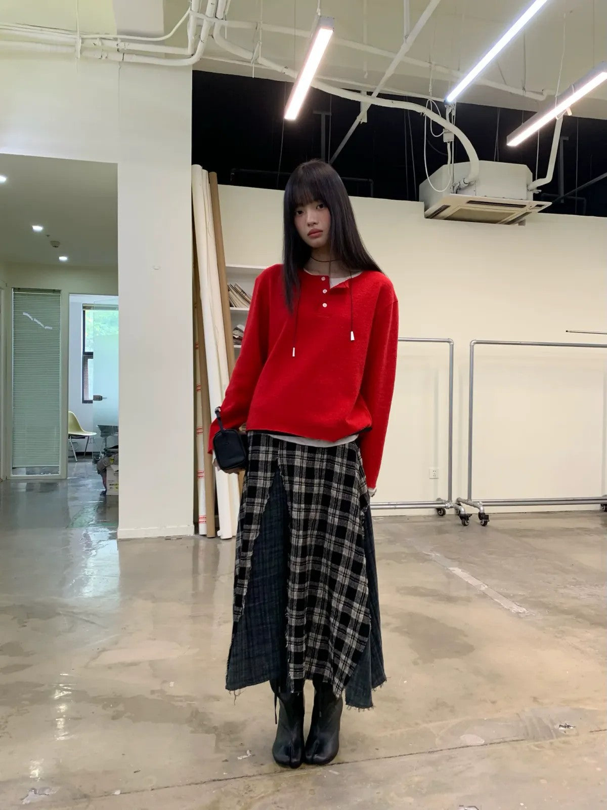 NeverSeez Spliced Plaid Linen Maxi Skirt in Black - On Model