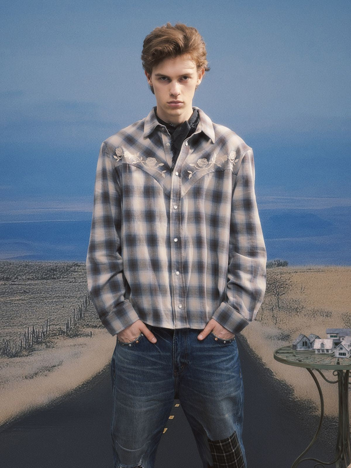 SOD Embroidered Plaid Western Shirt in Gray - On Model