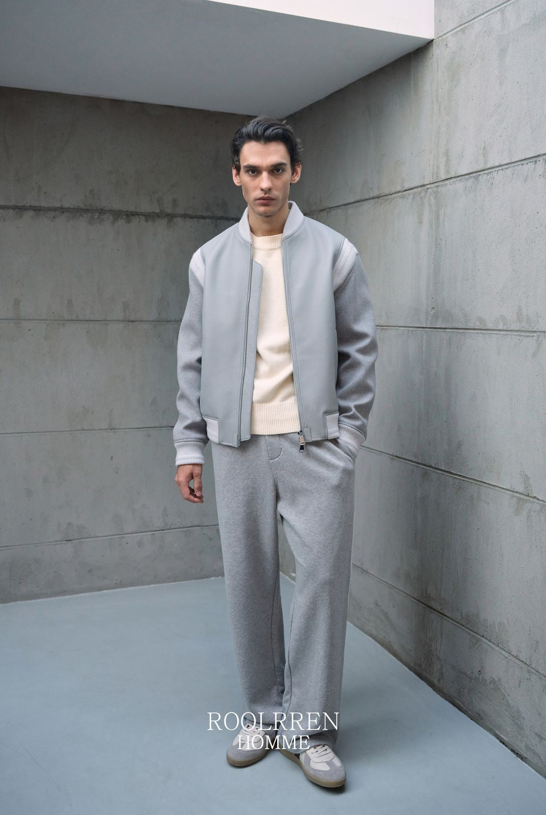 Roolrren homme Cowhide Lambswool Varsity Jacket in Gray - On Model