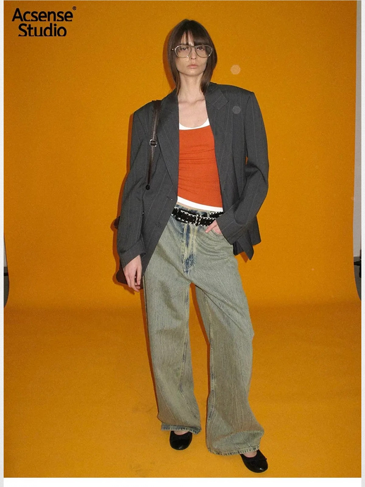 ACSENSE STUDIO Dirty Wash Curved Wide Leg Jeans in Blue - On Model