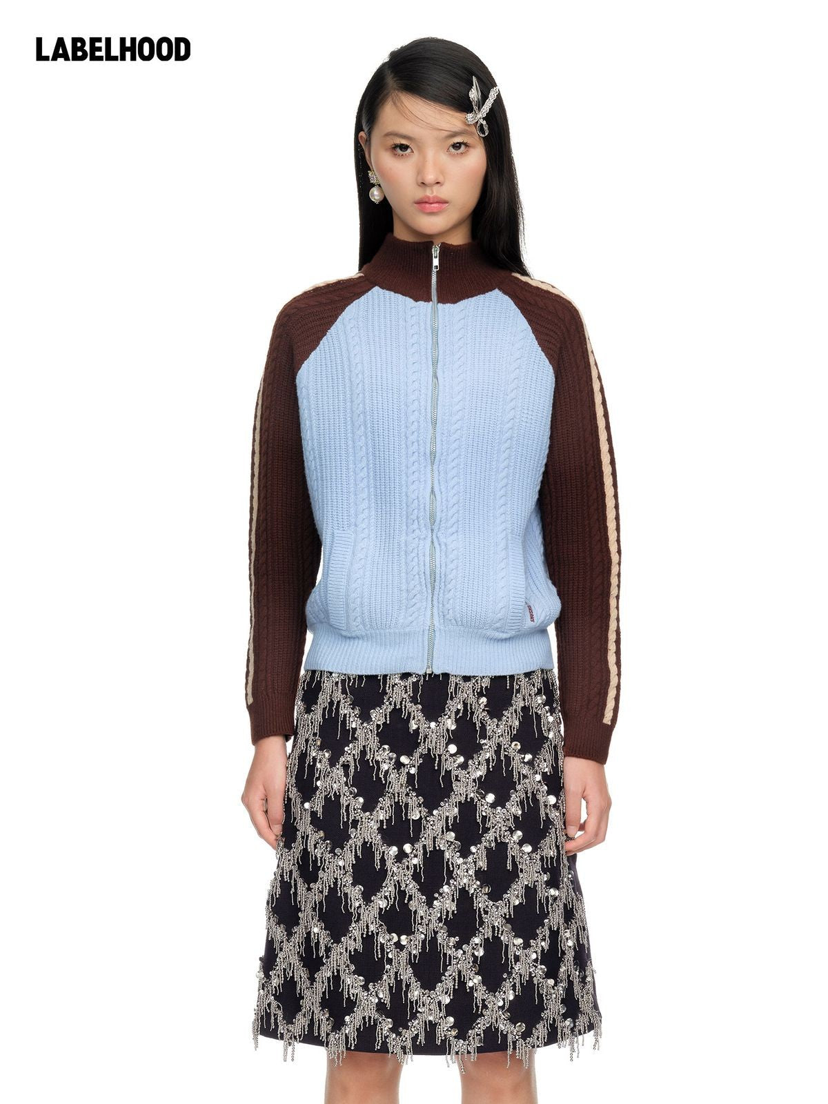 SHUSHUTONG Color Block Wool Zip Cardigan in Sky Blue - On Model