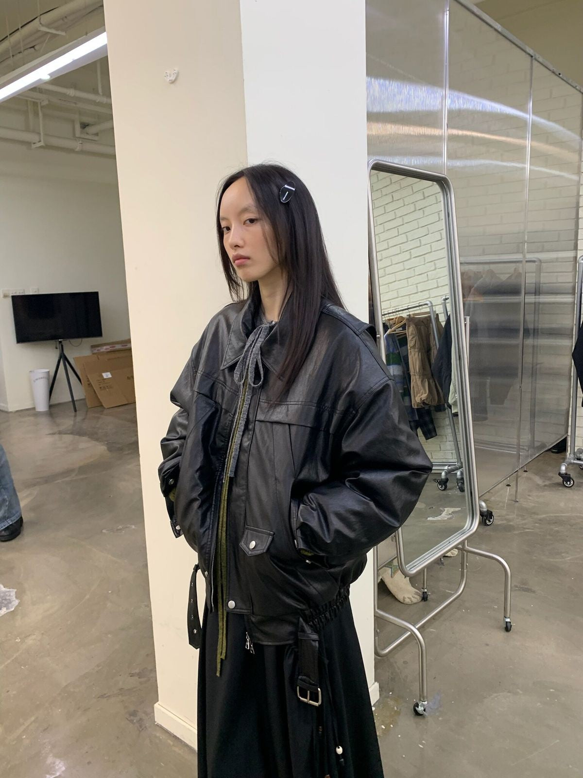 NeverSeez Fur Collar Faux Leather Down Jacket in Black - On Model