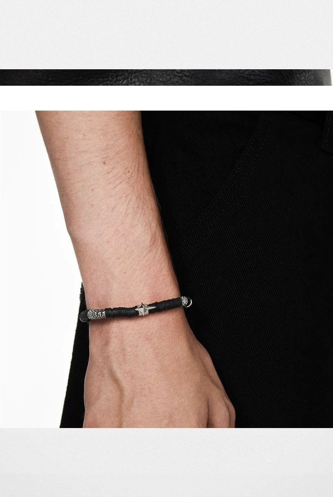 BLACKHEAD Star Pendant Chain Bead Bracelet in Black - On Model