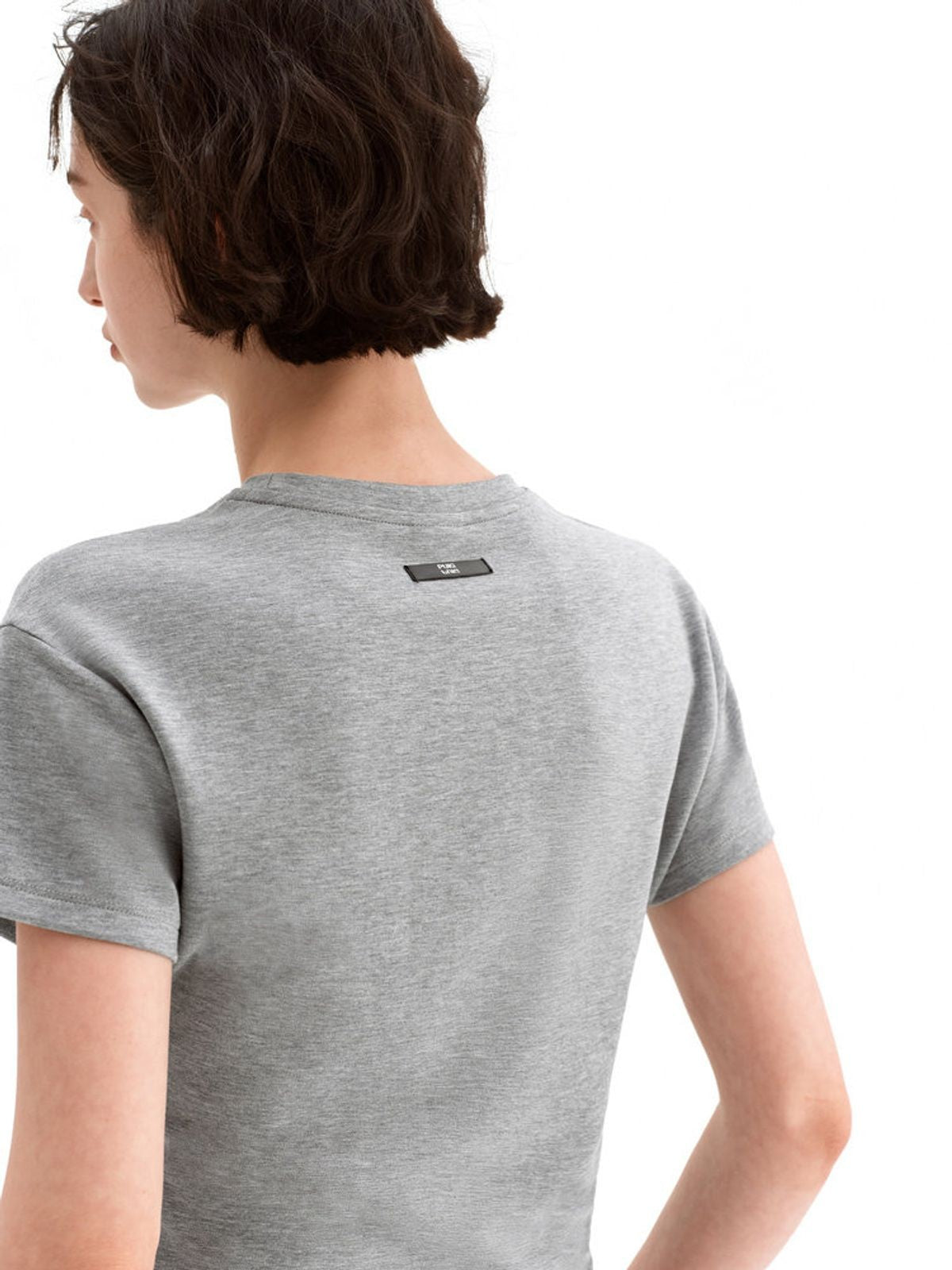PUKI Structured Shoulder Lyocell Tee in Gray - On Model