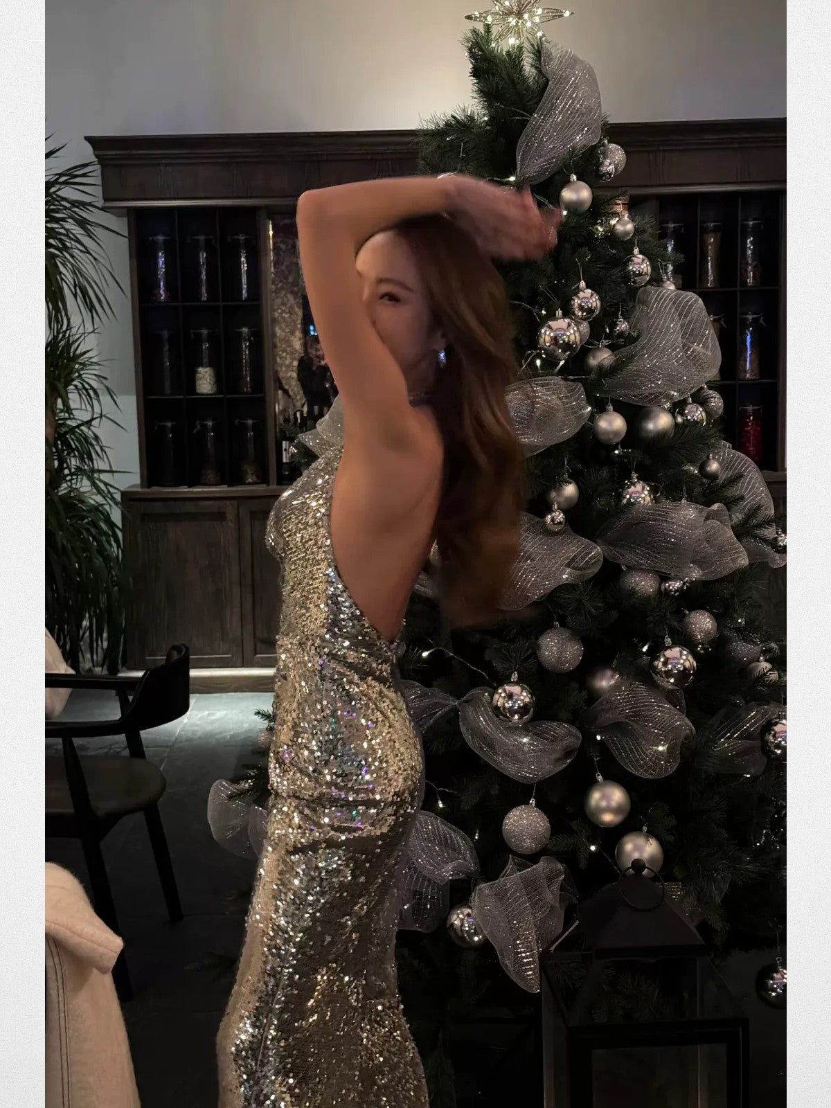 1S STUDIO Silver Sequin Cowl Neck Halter Dress in Silver - On Model