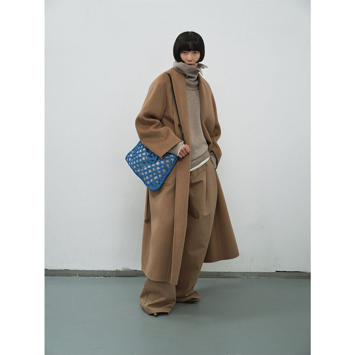 RandomPiece Merino Wool Camel Hair Robe Coat in Brown - On Model