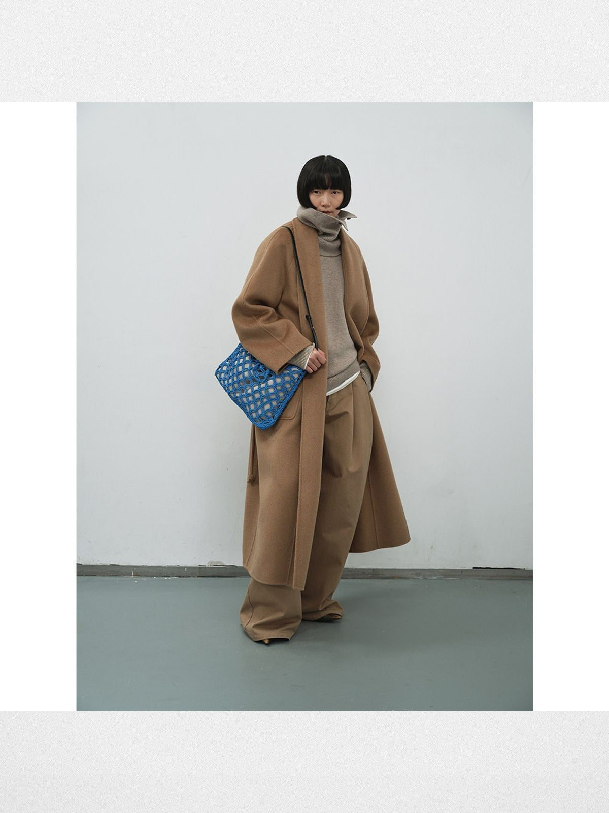 RandomPiece Merino Wool Camel Hair Robe Coat in Brown - On Model