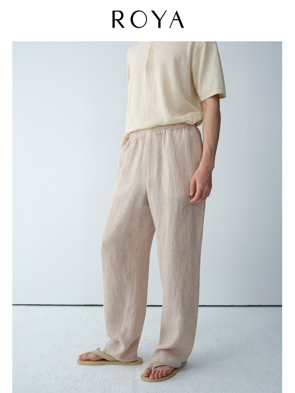 ROYA Elastic Waist Wide Leg Linen Trousers in Beige - On Model