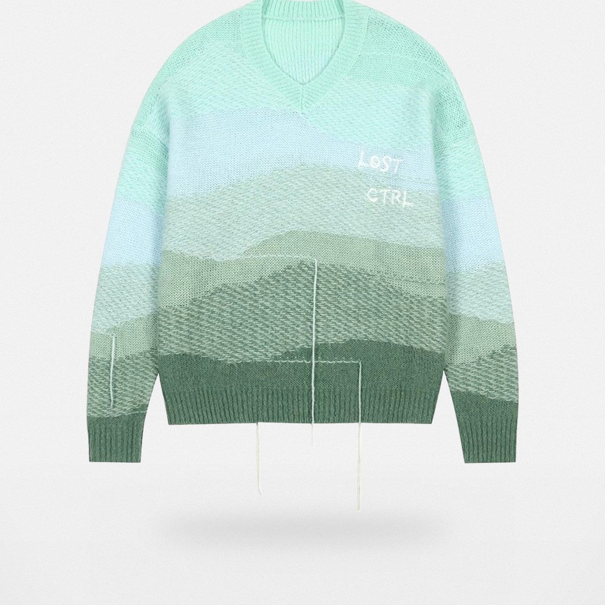 LOSTCTRL Gradient Fringe V Neck Sweater in Green