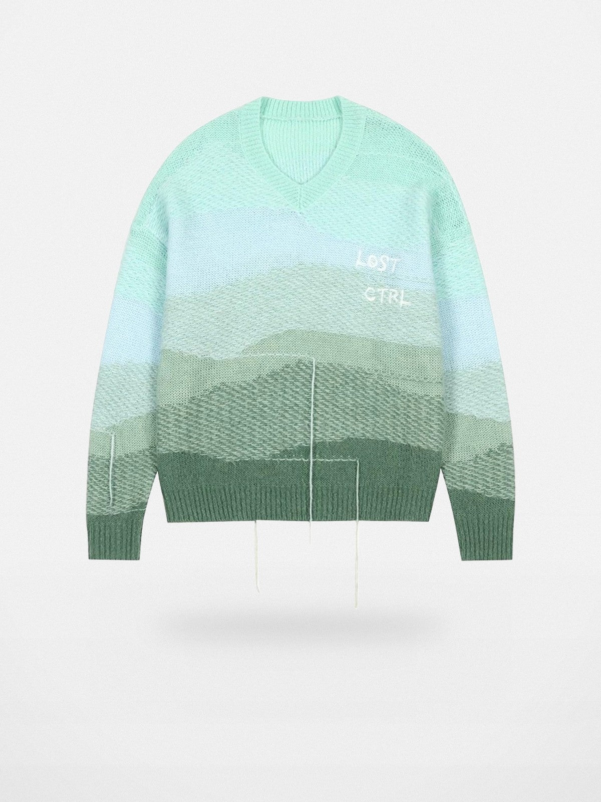 LOSTCTRL Gradient Fringe V Neck Sweater in Green