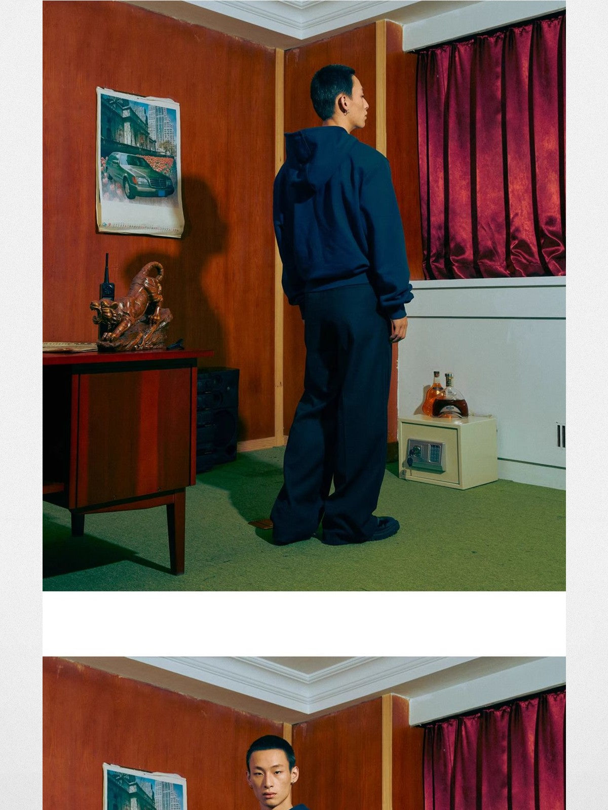 SOD Embroidered Padded Shoulder Hoodie in Blue - On Model