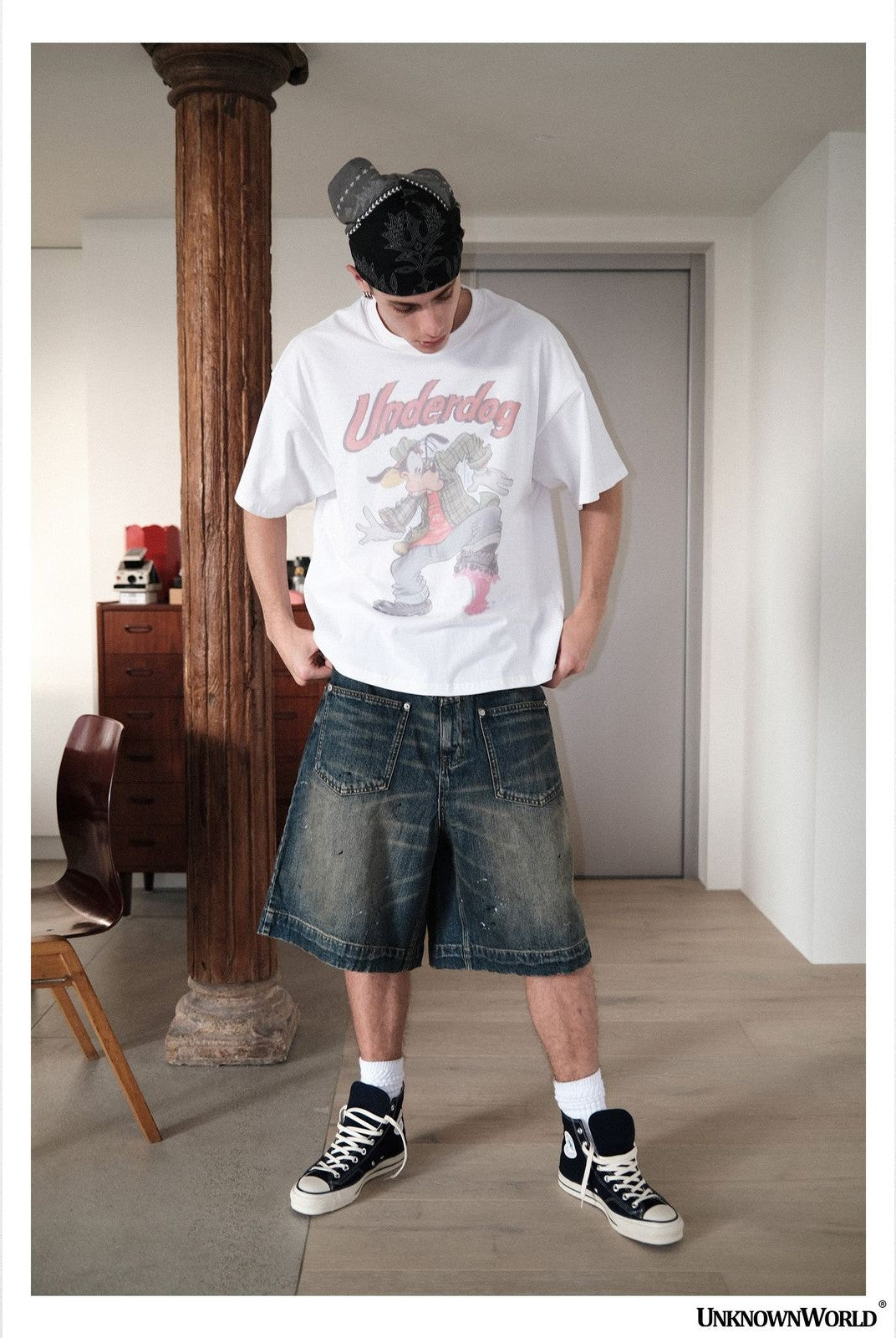 UNKNOWNWORLD Mud Dye Reverse Pocket Shorts in Yellow - On Model