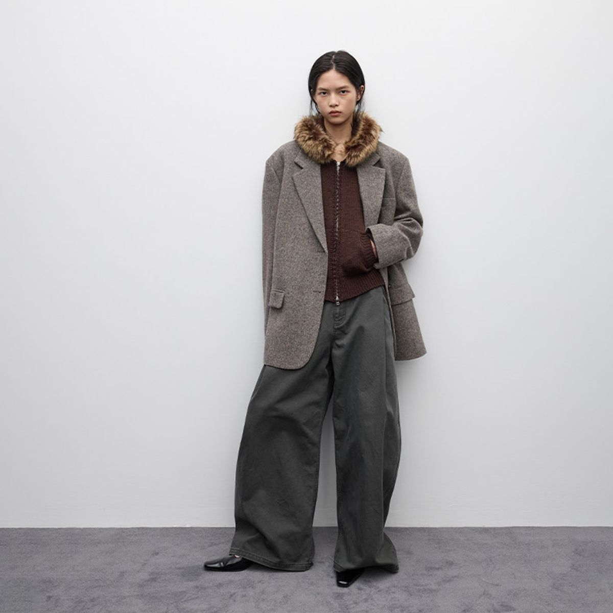 RandomPiece Oversized Wool Blend Blazer in Beige - On Model