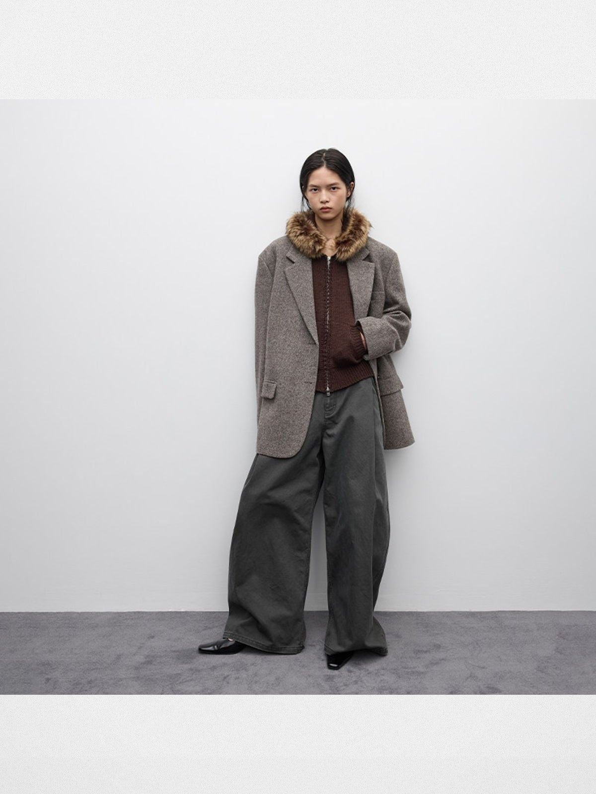 RandomPiece Oversized Wool Blend Blazer in Beige - On Model