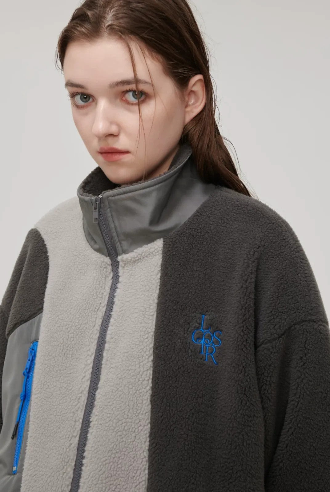 LOSTCTRL High Neck Color Block Sherpa Jacket in Gray - On Model