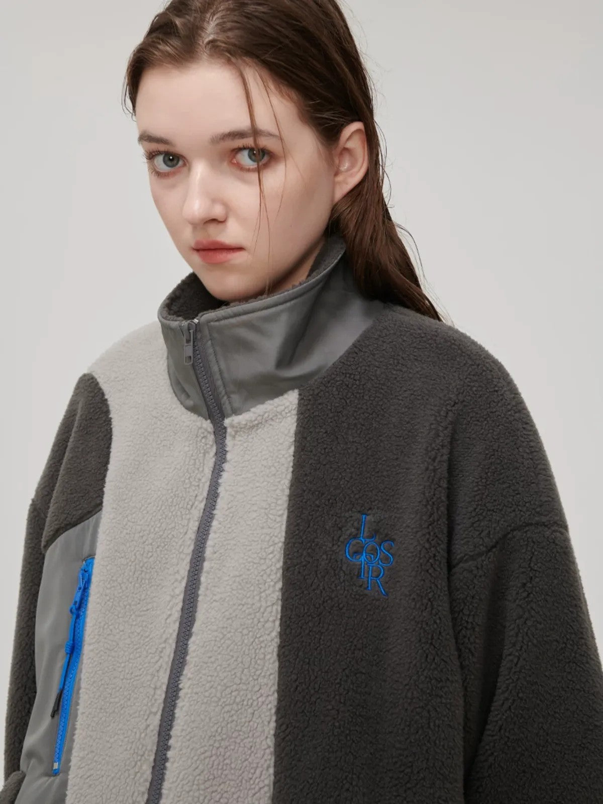 LOSTCTRL High Neck Color Block Sherpa Jacket in Gray - On Model