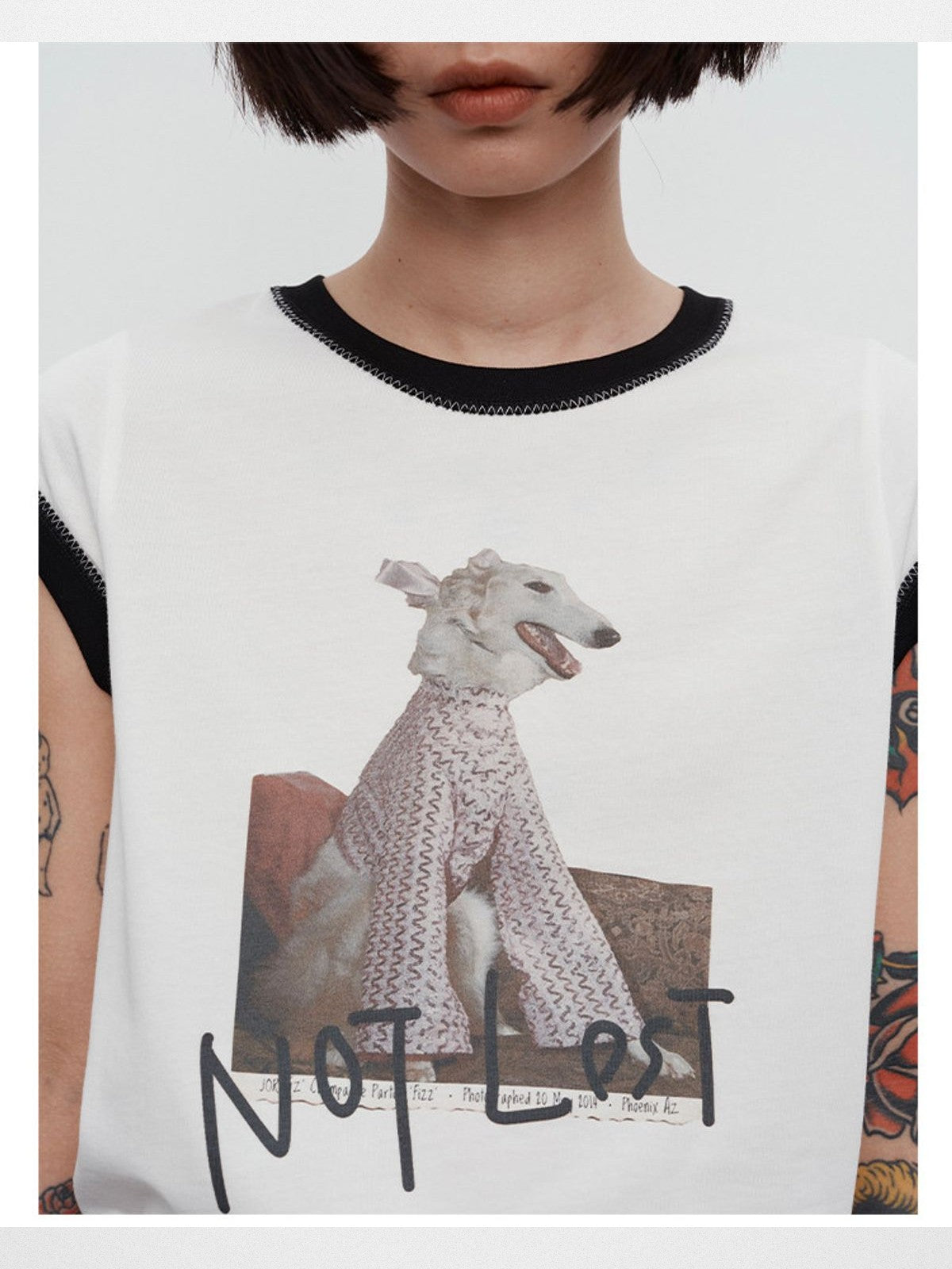 RandomPiece Dog Graphic Flutter Sleeve Tee in White - On Model