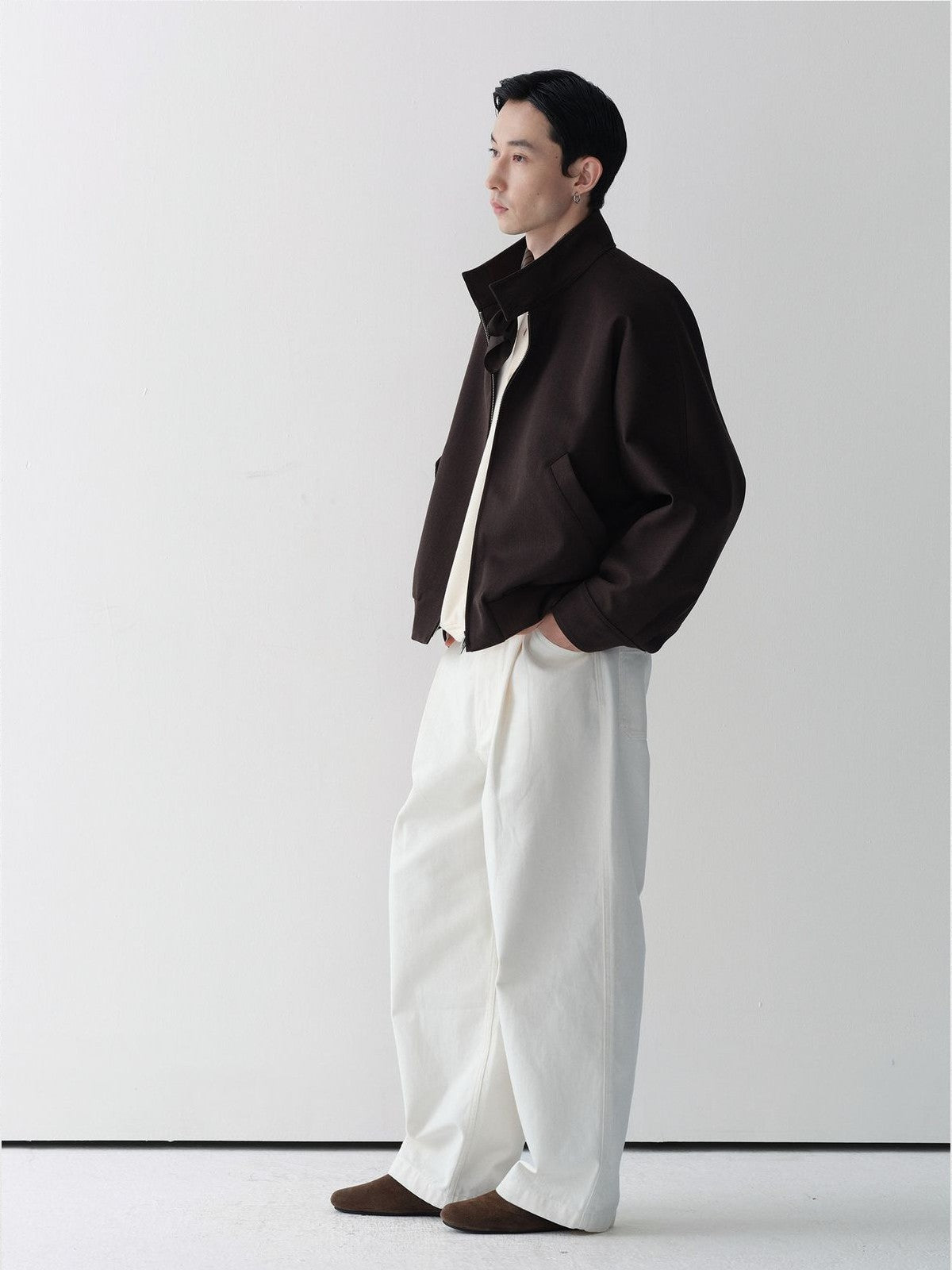 ROYA Melange Wool Blend Harrington in Brown - On Model