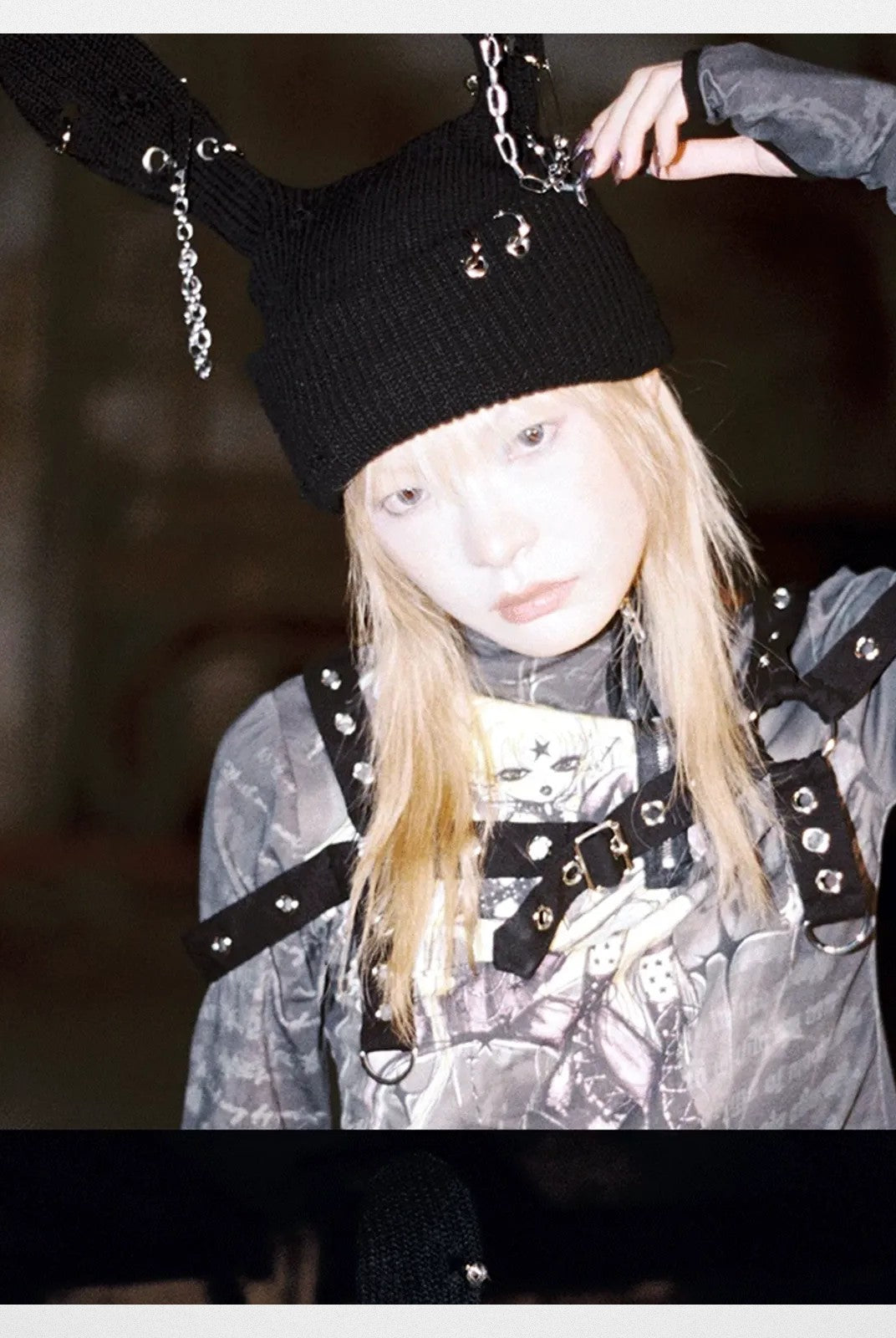 CFIERCE Safety Pin Ribbed Bunny Beanie in Black