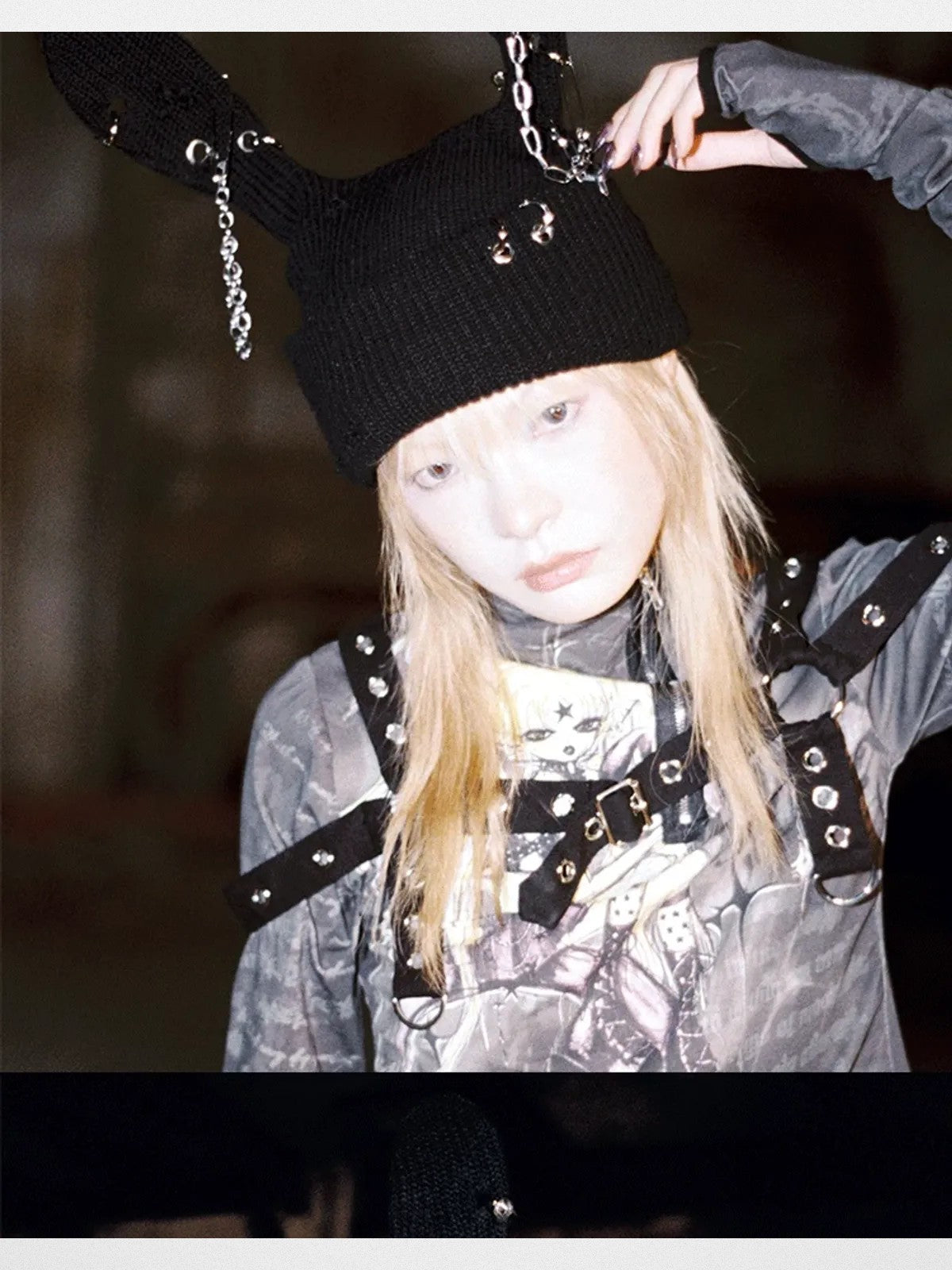 CFIERCE Safety Pin Ribbed Bunny Beanie in Black