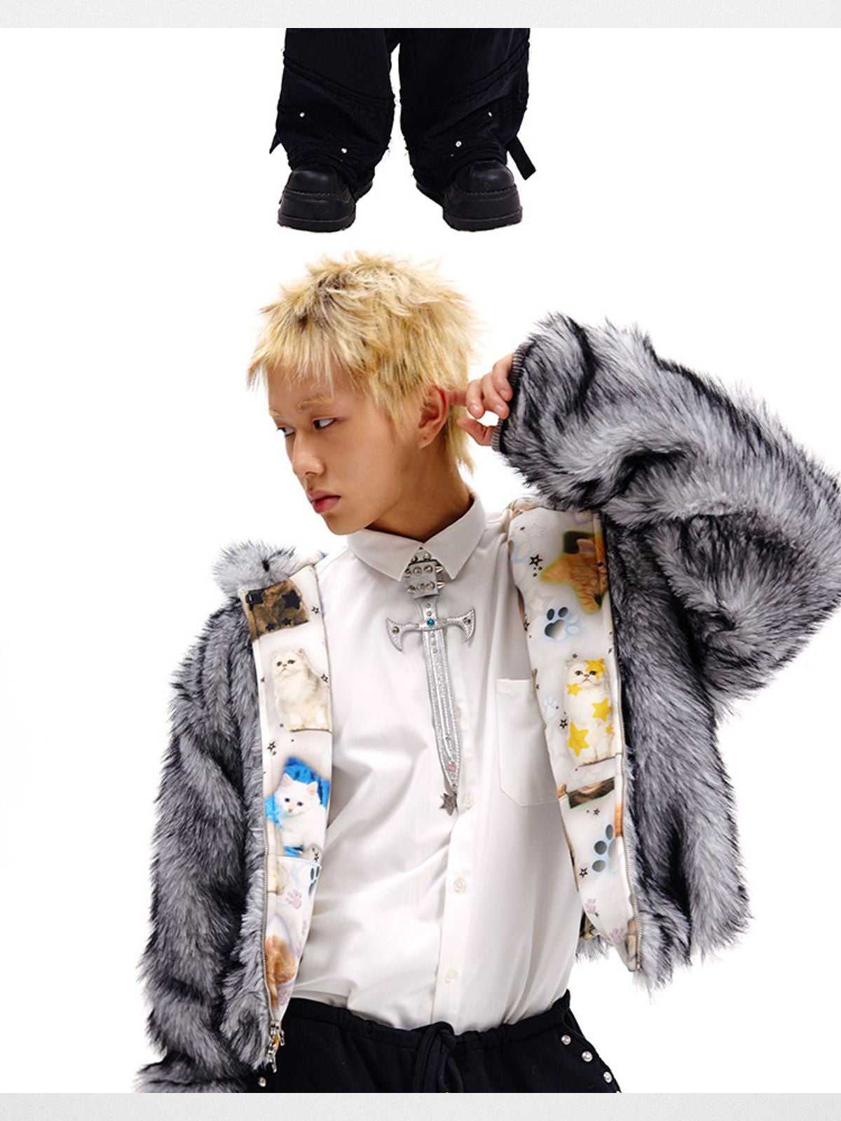CFIERCE Reversible Cat Print Faux Fur Jacket in White - On Male Model
