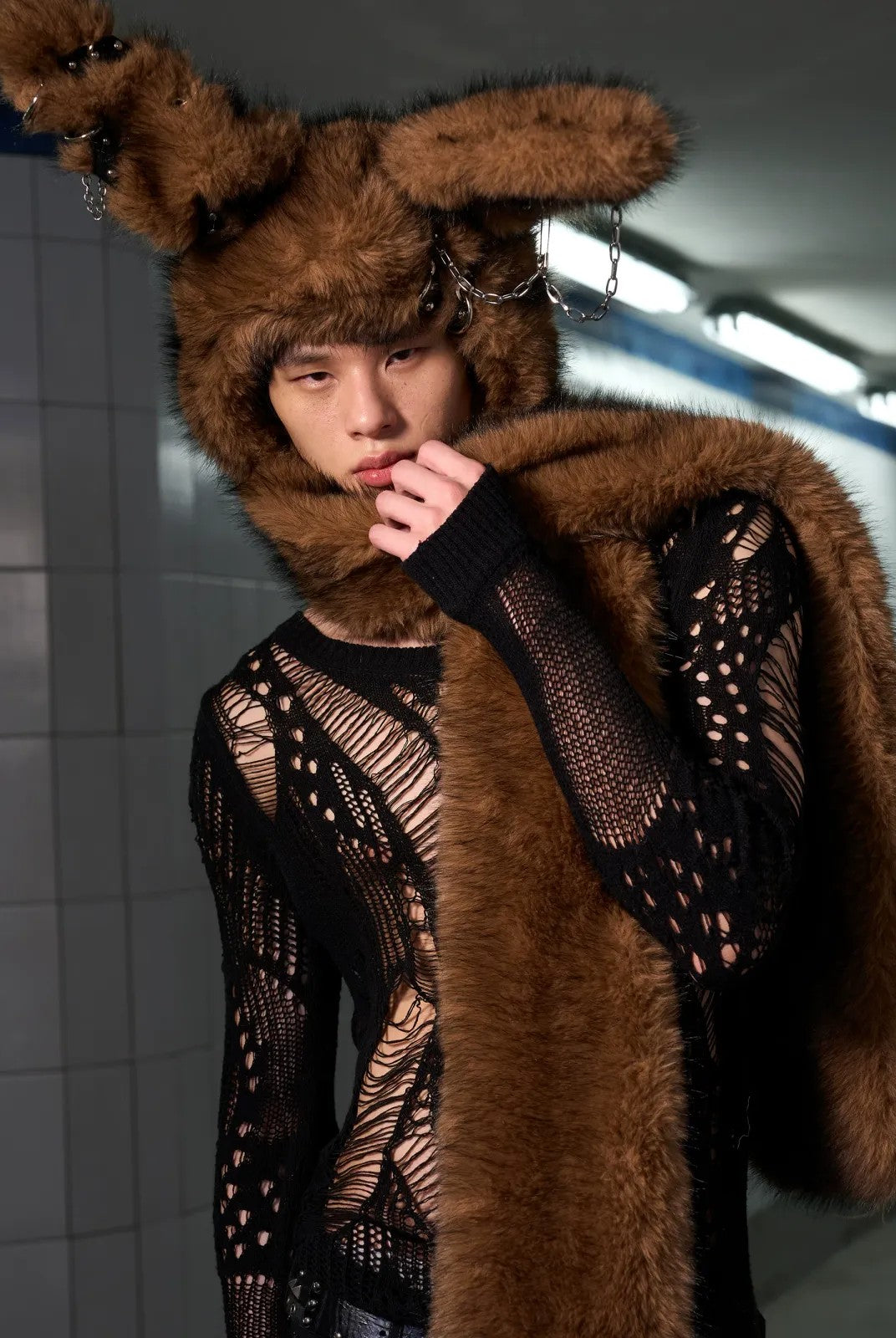 CFIERCE Pierced Faux Fur Bunny Hooded Scarf in Brown - Lifestyle