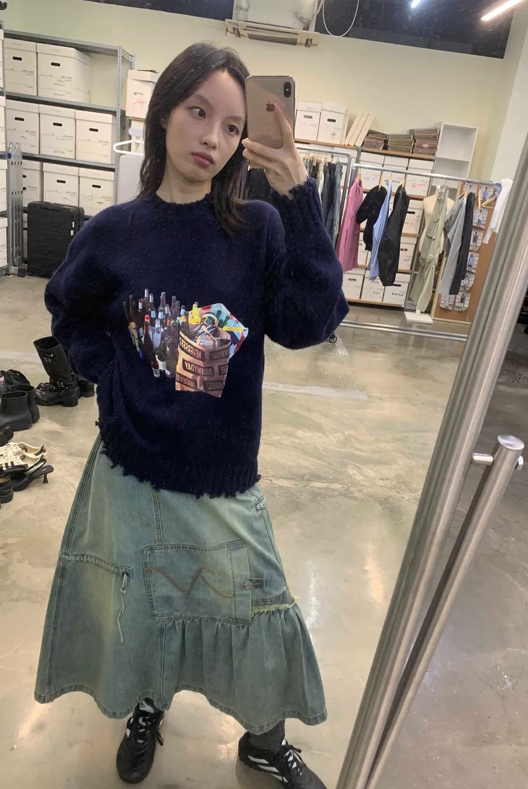 NeverSeez Asymmetric Vintage Wash Denim Skirt in Blue - On Model