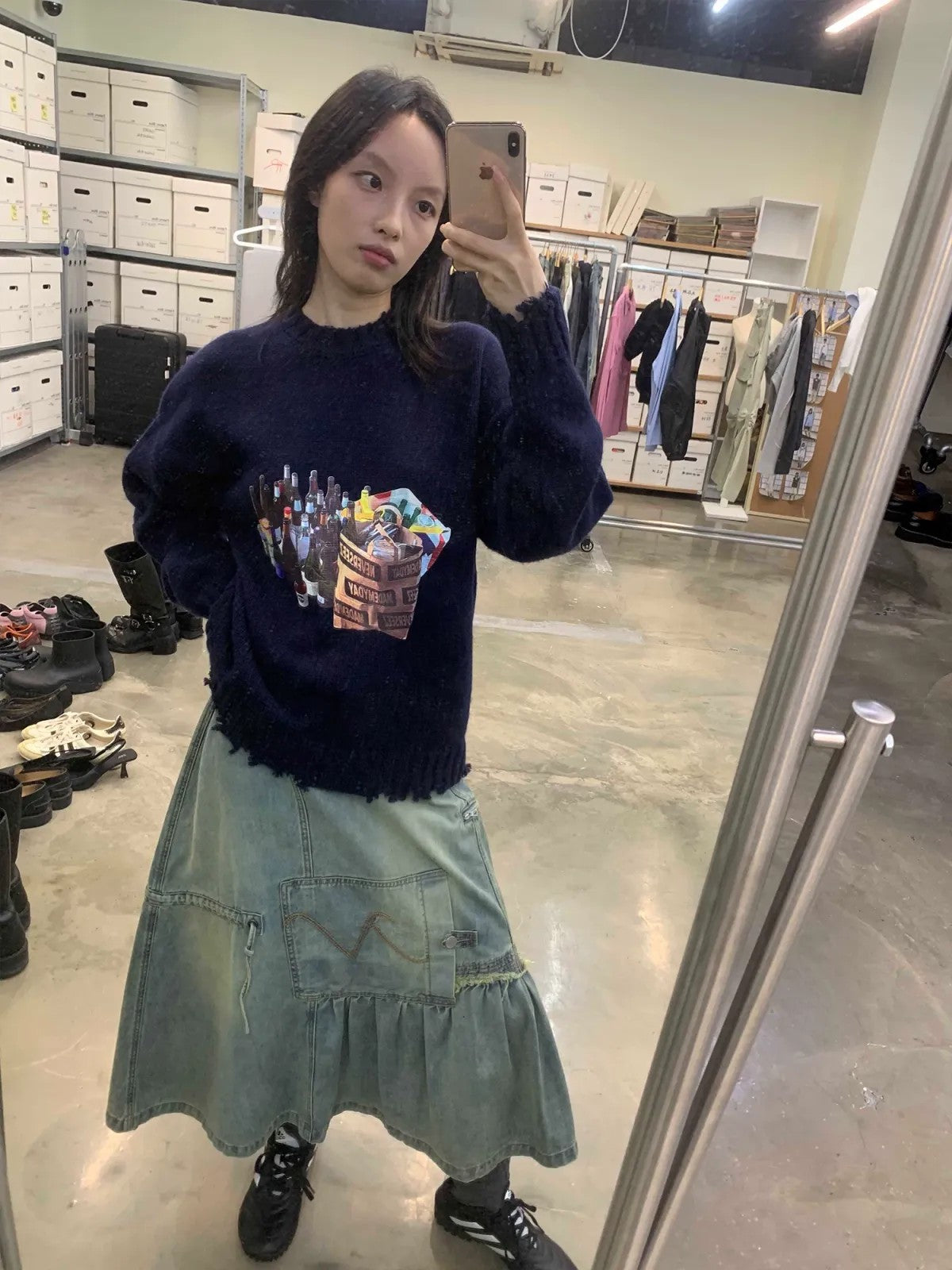 NeverSeez Asymmetric Vintage Wash Denim Skirt in Blue - On Model