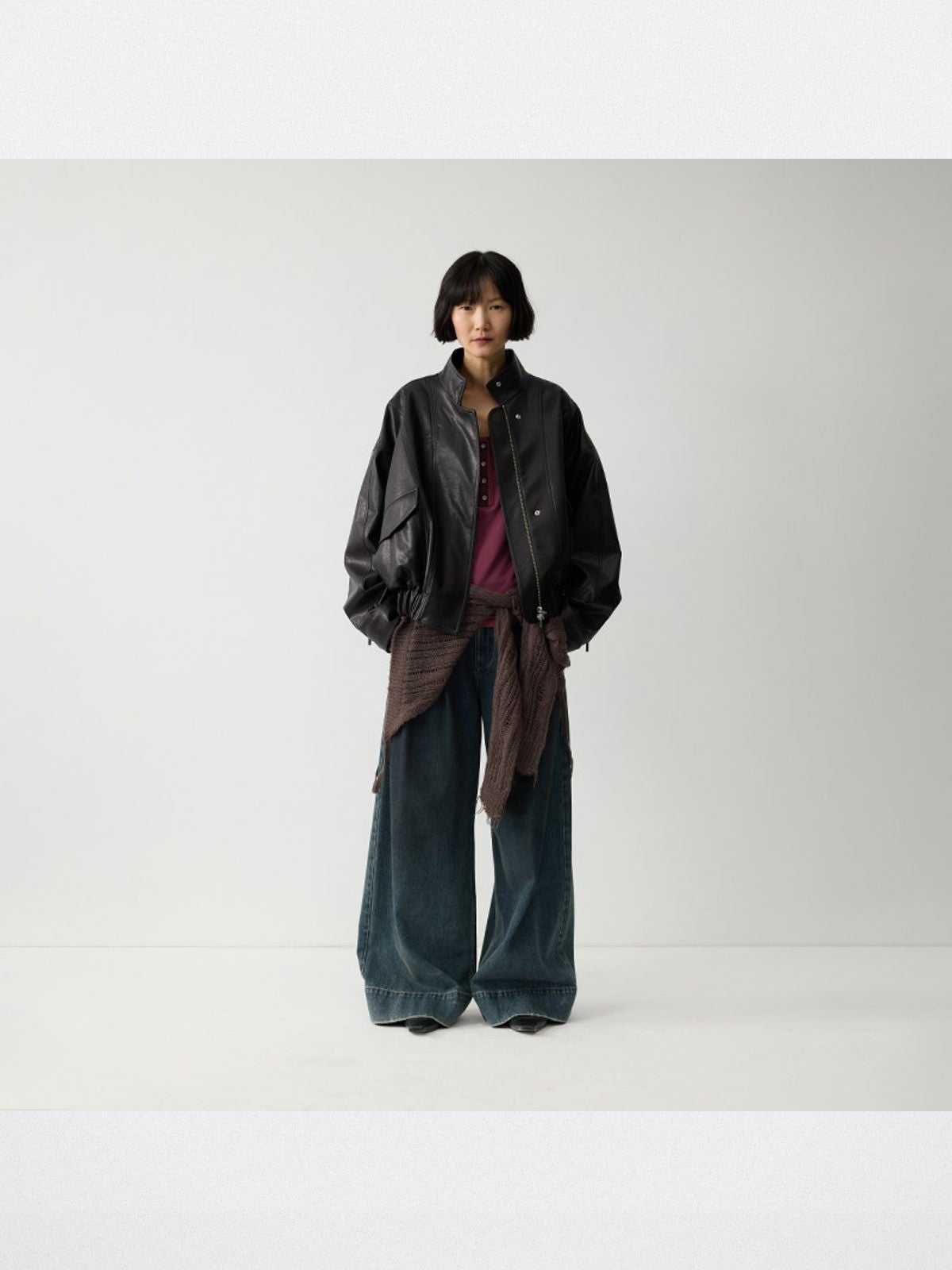 RandomPiece Elastic Hem Faux Leather Jacket in Black - On Model