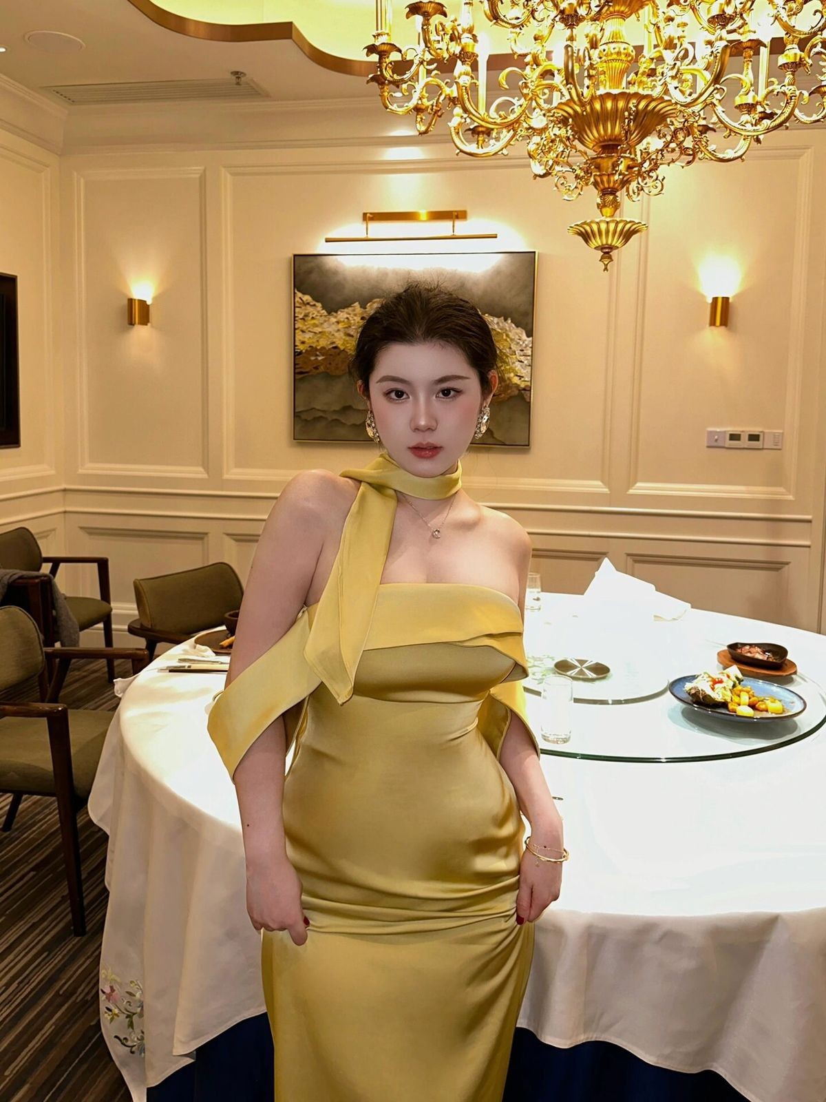 1S STUDIO Acetate Satin Strapless Dress in Yellow - On Model