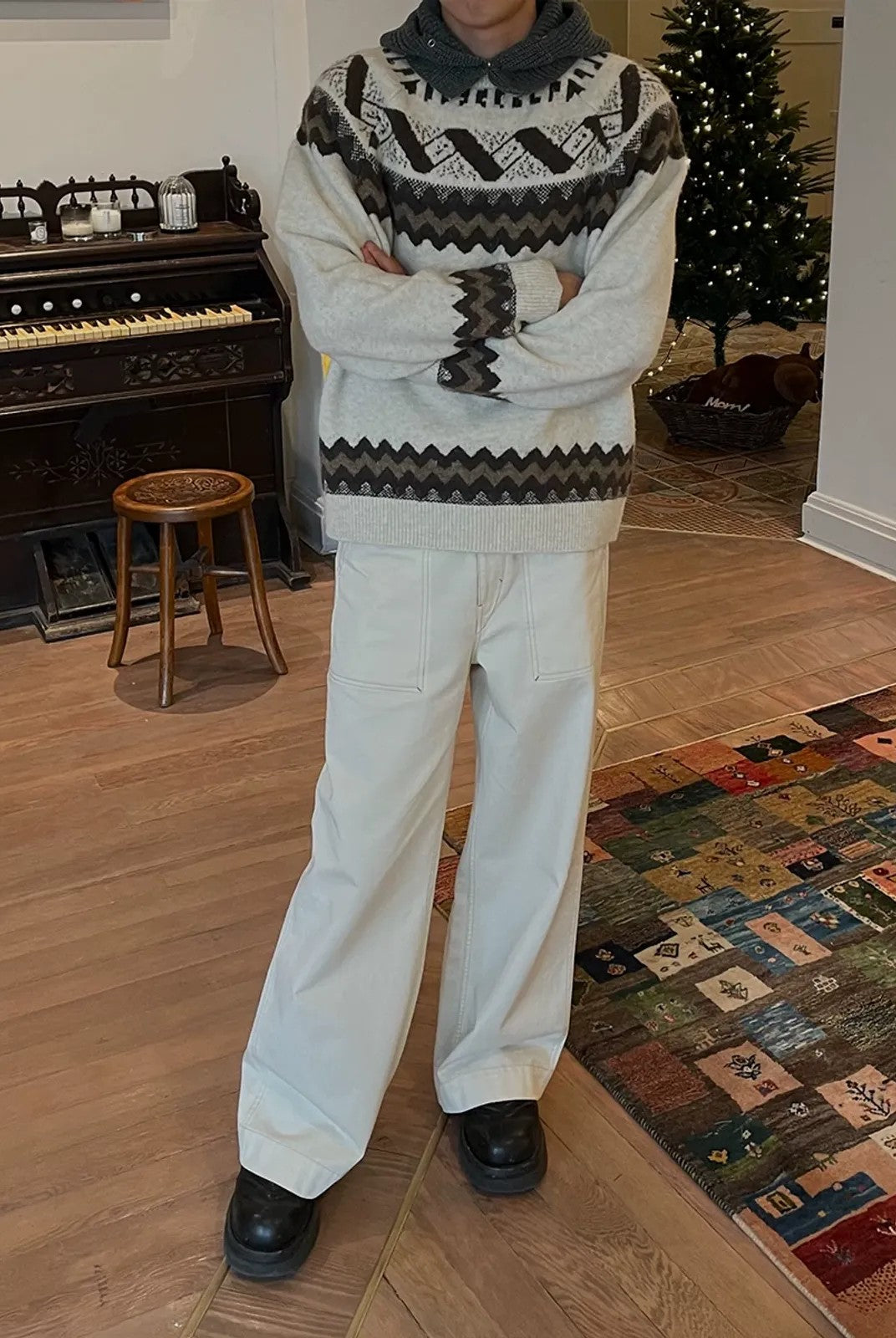 NeverSeez Fair Isle Jacquard Sweater in White - On Model