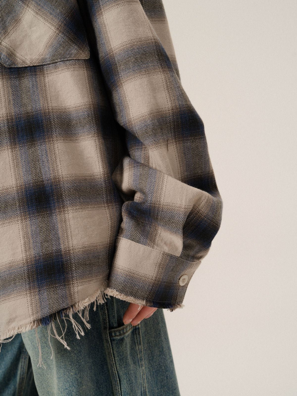 Retro 21 Japanese Flannel Raw Hem Plaid Shirt in Khaki - On Male Model