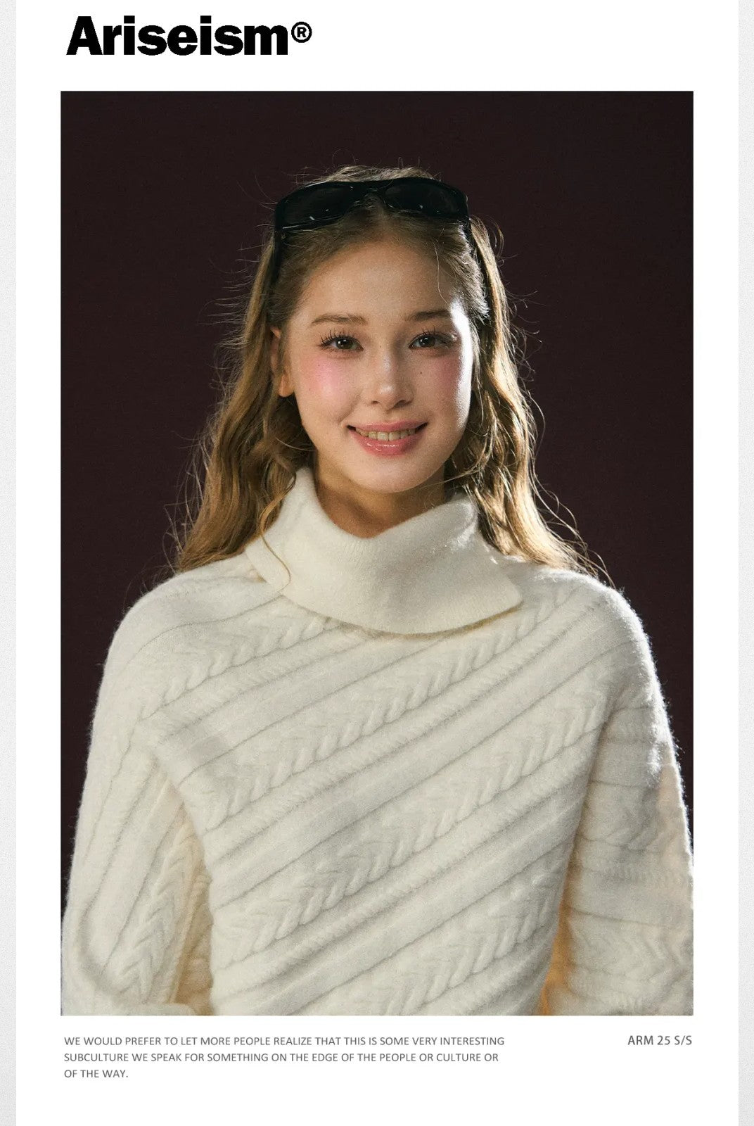 Ariseism Diagonal Cable High Neck Sweater in White - On Model