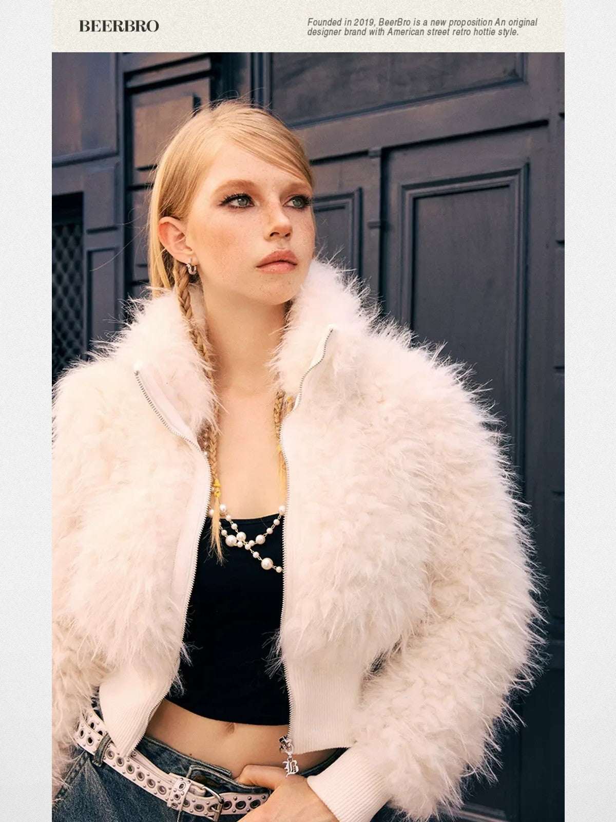 BeerBro Shaggy Faux Fur Cropped Jacket in White - On Model