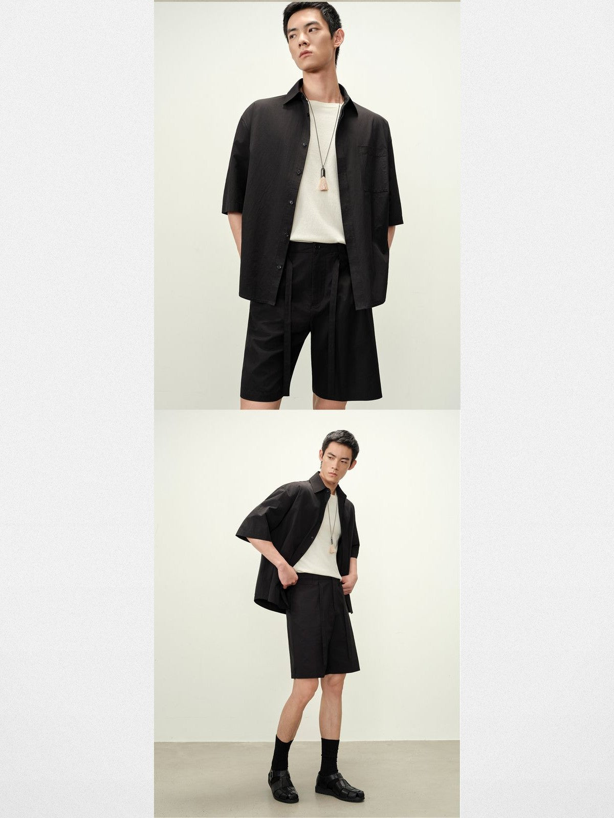 ROYA Silk Blend Hidden Placket Shirt in Black - On Model