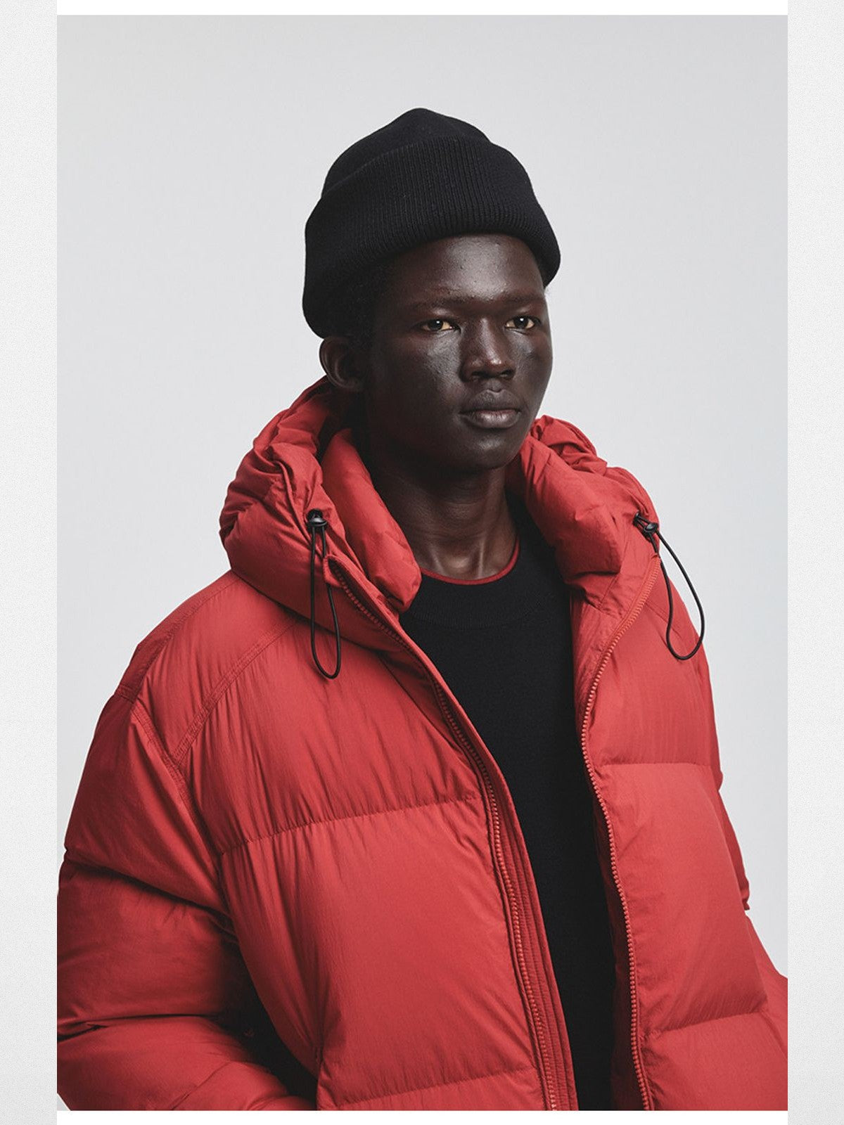 NANS Glossy Hooded Down Puffer in Red - On Model