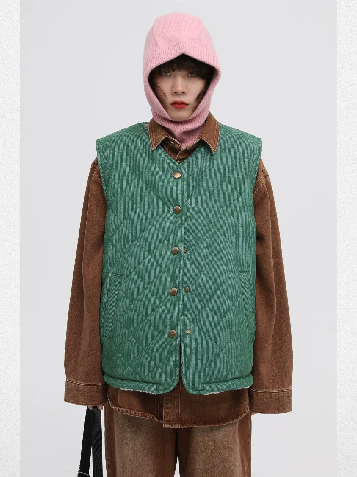 MASONPRINCE Reversible Sherpa Corduroy Vest in Green - On Female Model #color_green