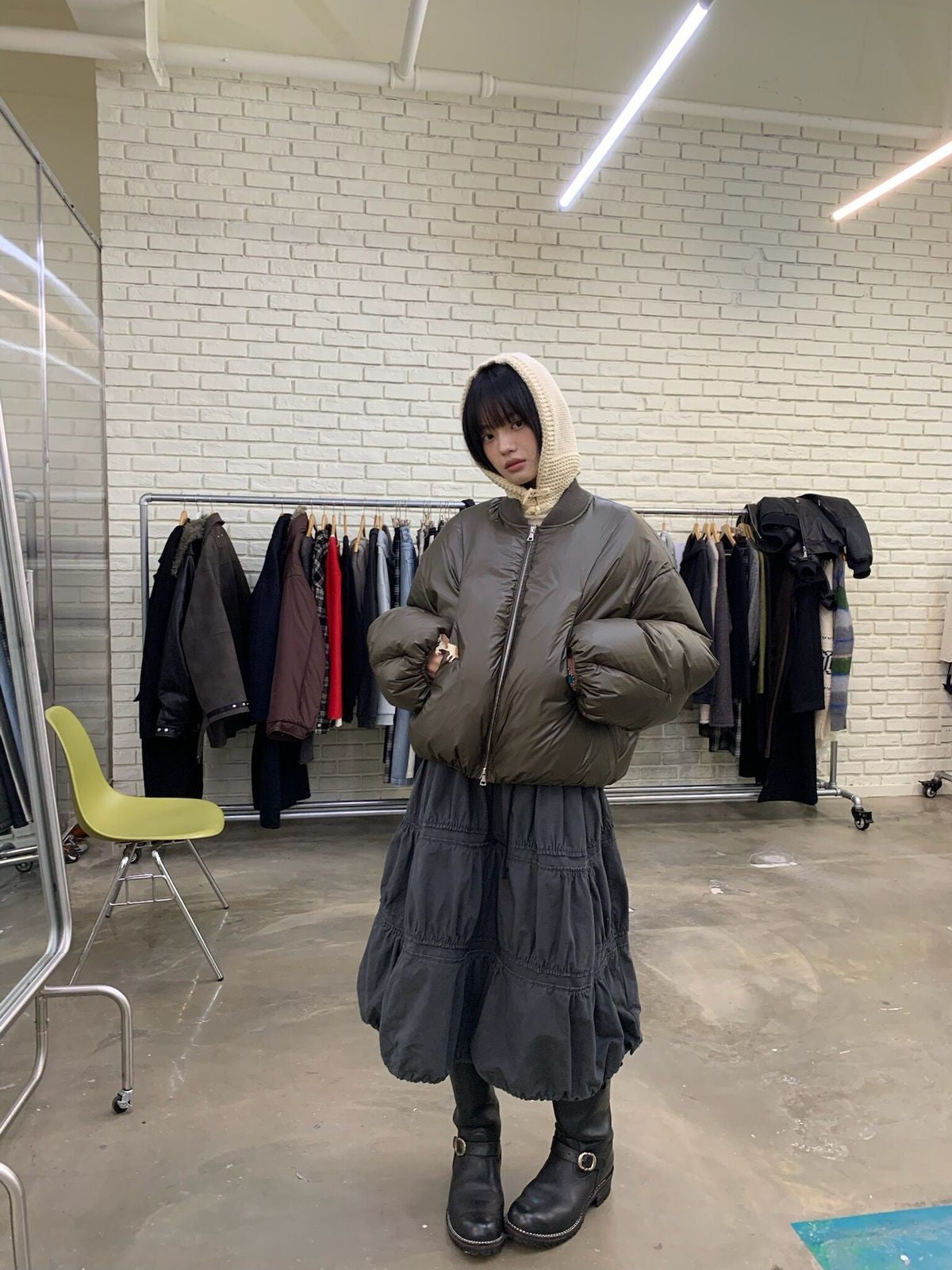 NeverSeez 90 Down Ruched Sleeve Puffer in Olive - On Female Model