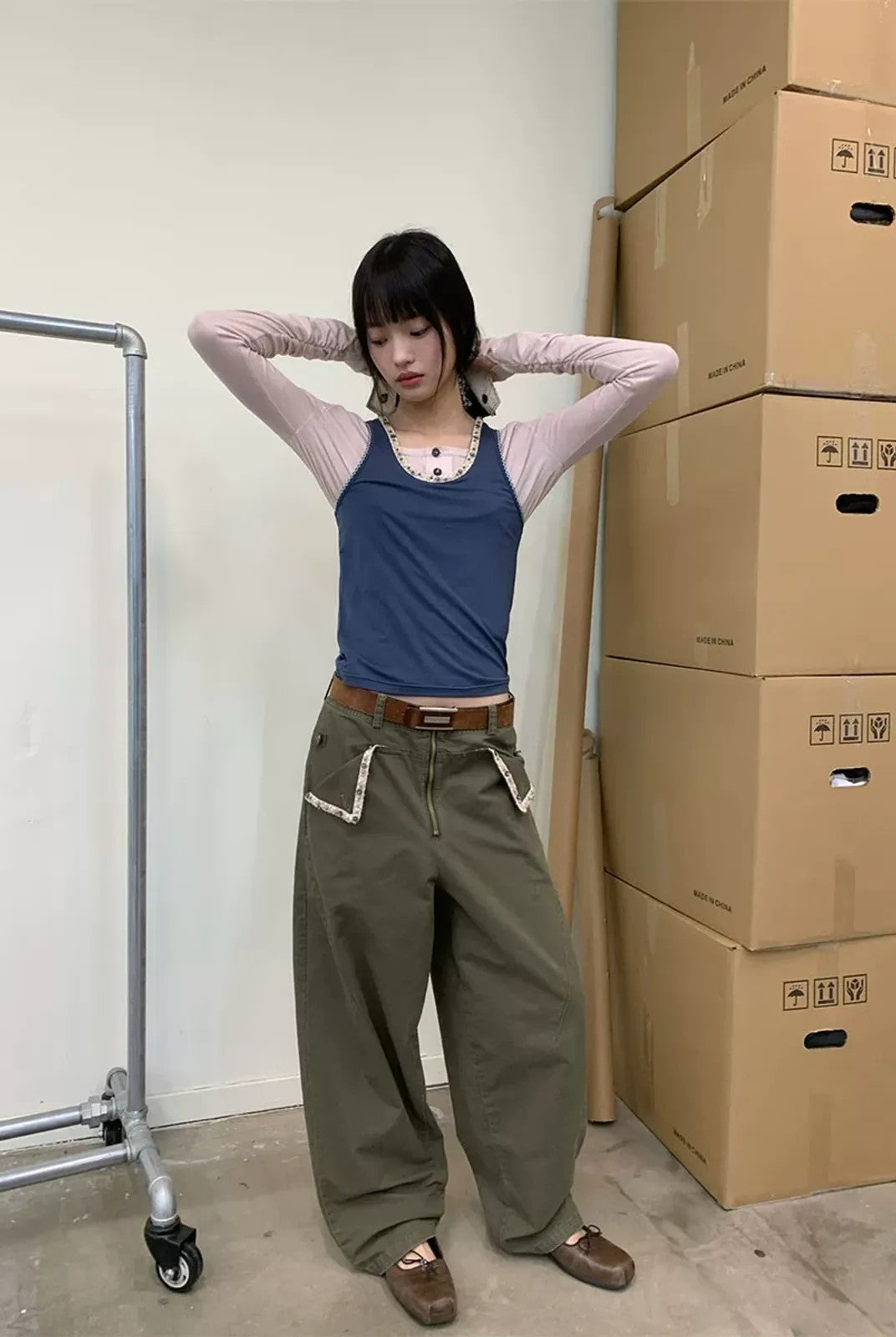 NeverSeez Beaded Lyocell Wool Tank Top in Khaki - On Model