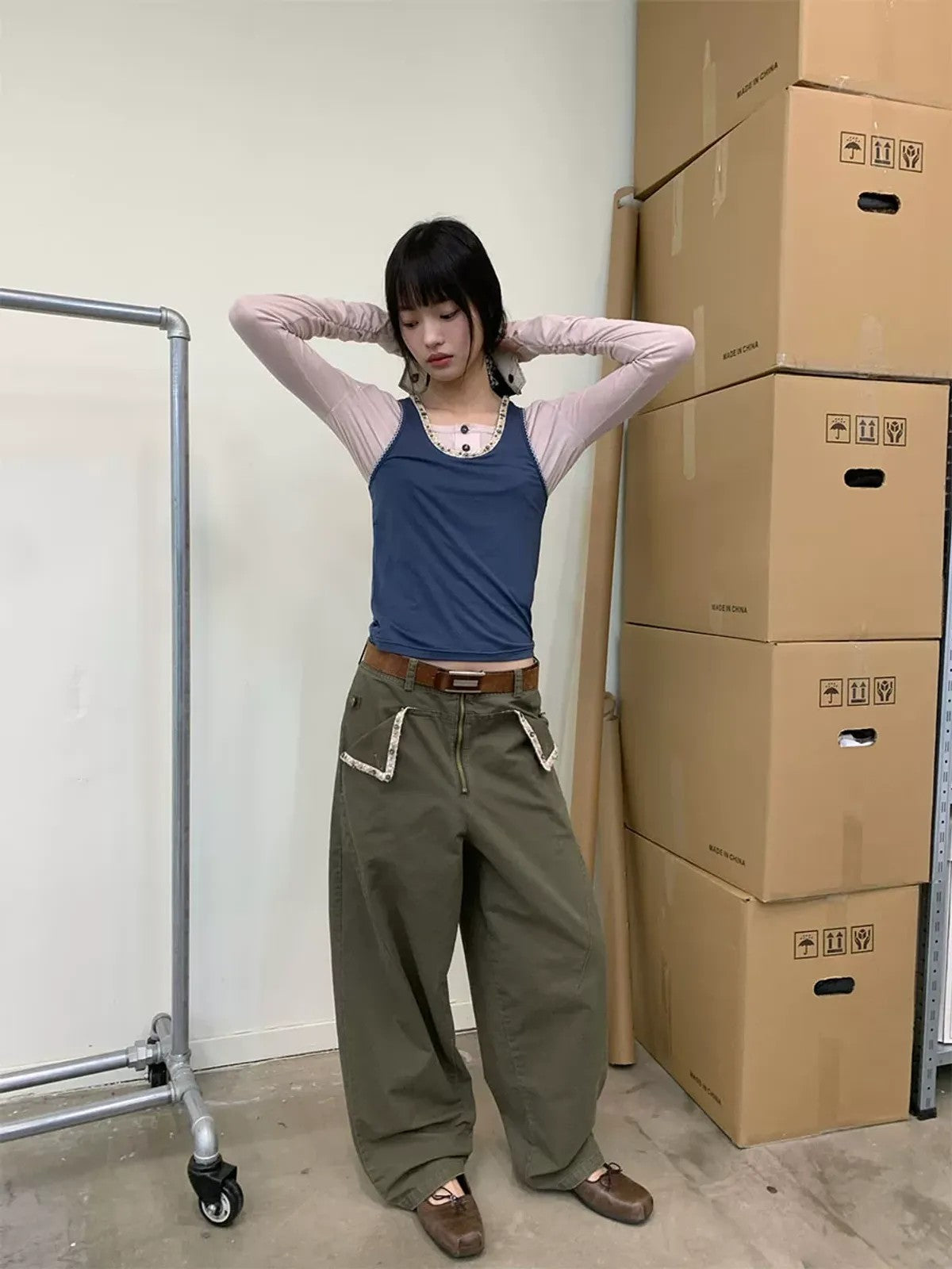 NeverSeez Beaded Lyocell Wool Tank Top in Khaki - On Model