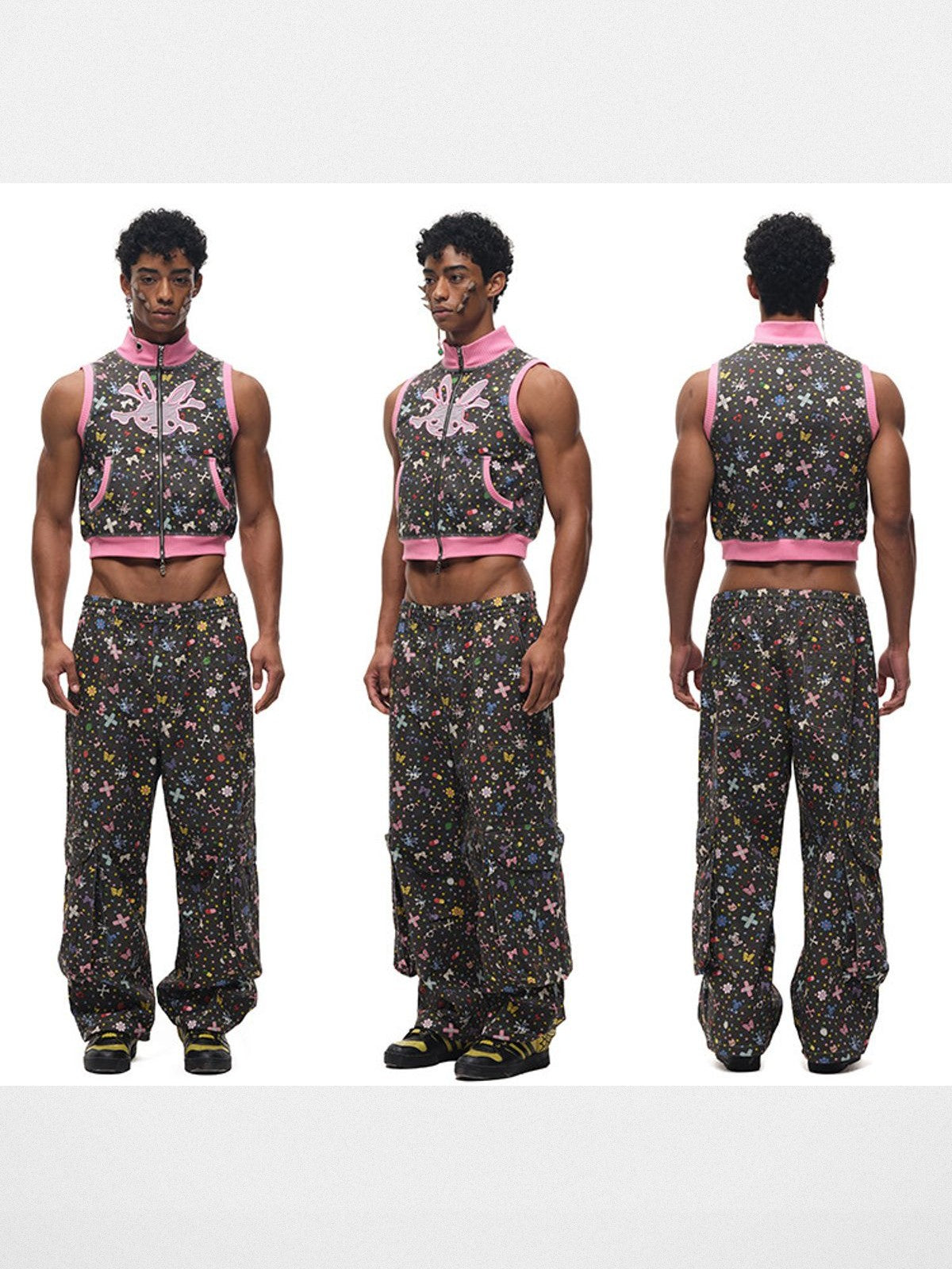 CFIERCE Sticker Print Wide Leg Cargo Pants in Black - On Male Model