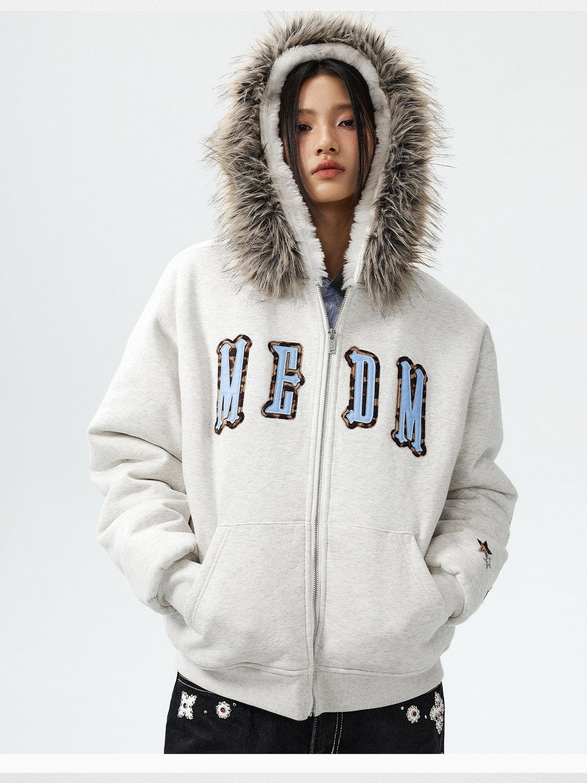 MEDM Horsehair Patch Fur Hood Jacket in Gray - On Female Model